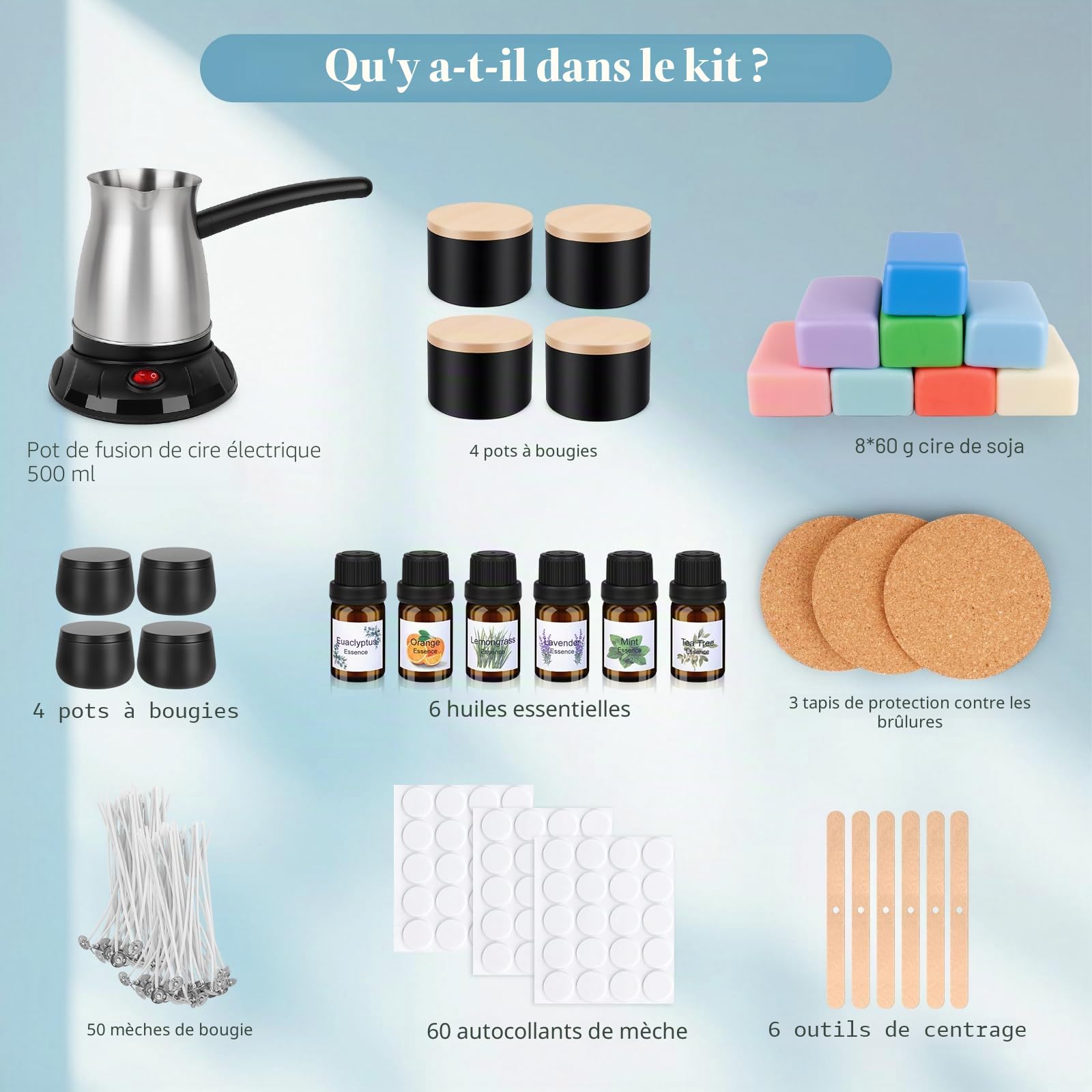 Kit de fabrication de bougies faites maison, Chauffe-cire électrique, 480g de cire de soja naturelle, Kit de fabrication de bougies pour adultes avec moules à bougies, huile parfumée, mèches de bougie