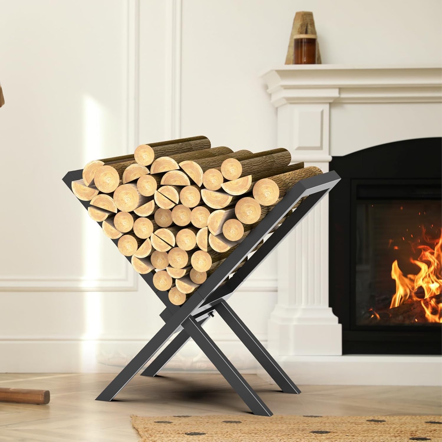 Firewood Rack Indoor Outdoor, Metal Wood Storage Holds Up to 110 lbs Logs Stacking Stand, Heavy Duty Firewood Stand for Fireplace, Fire pit