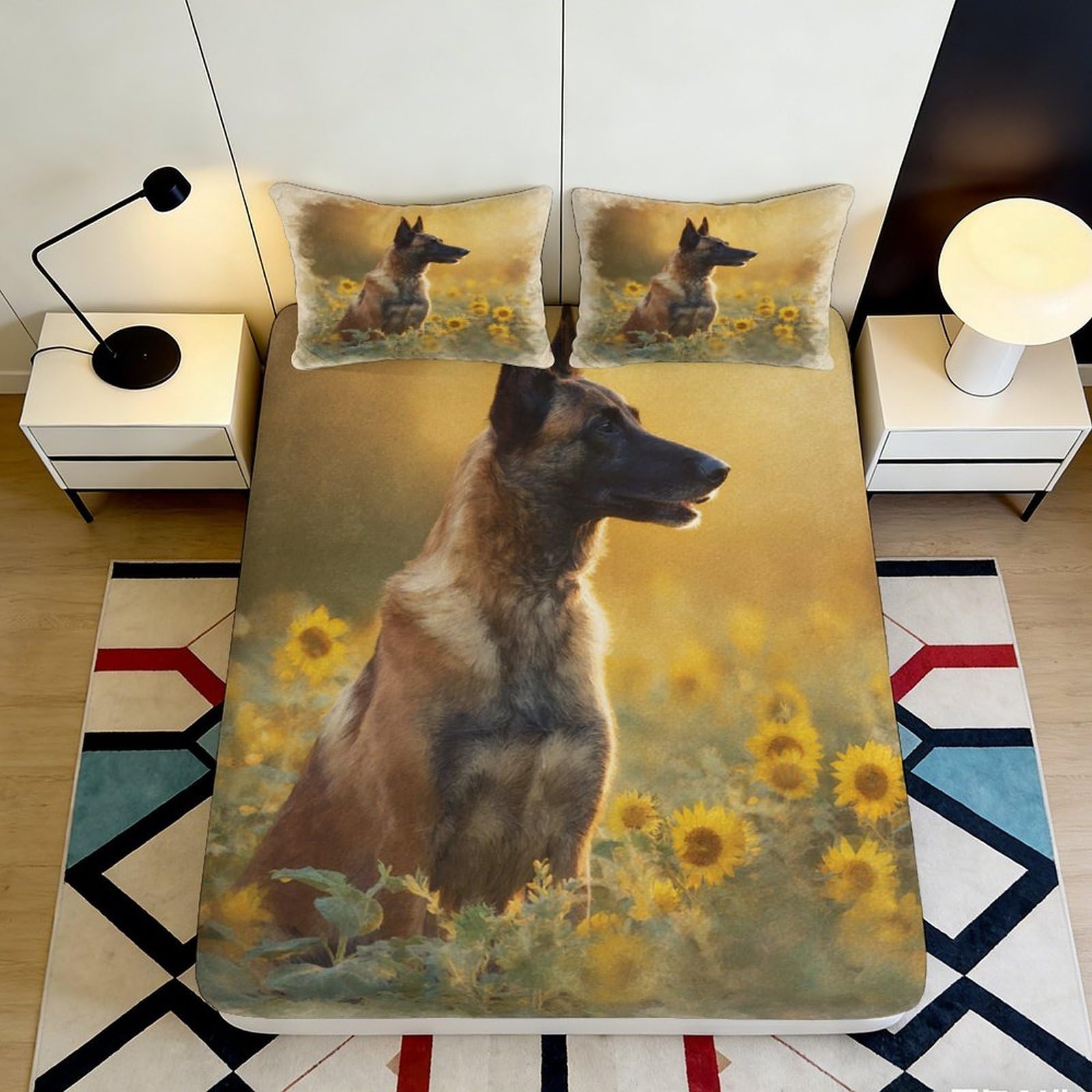 Uxinyoume Style-5 3D Printed Belgian Shepherd Sunflower Fitted Sheet Microfiber Soft Bed Cover Anti-Slip Bedroom Decor Machine Washable 90X200x25cm