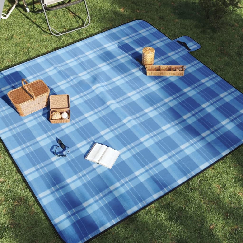 vidaXL Picknickdecke Faltbar Blau Kariert 200x200 cm Samt