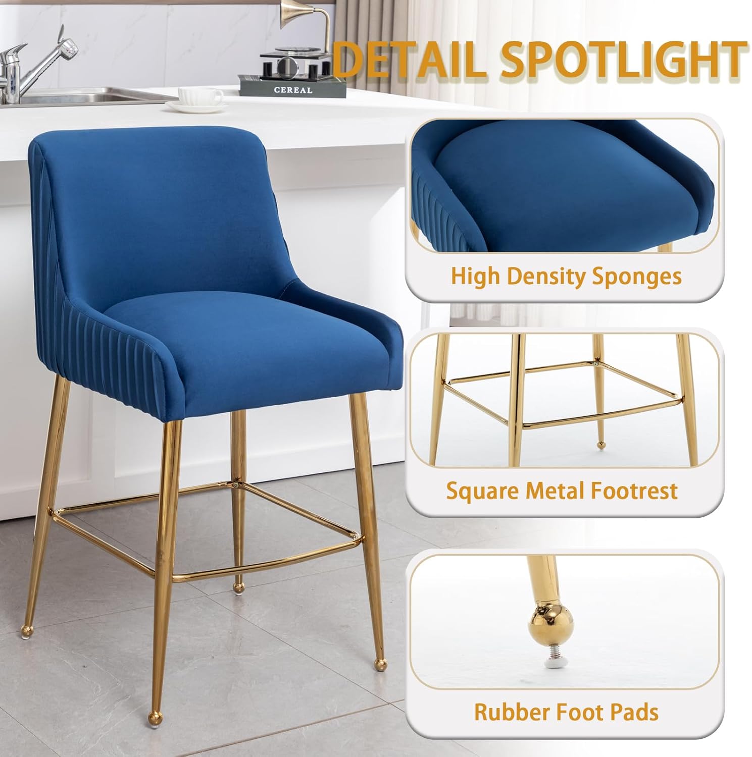 26” Velvet Counter Height Bar Stools Set of 2,Upholstered bar Chair Gold Bar Stools with Back, Beige Island Chairs with Gold Chrome Plated Metal Leg,Barstools for Kitchen Counter