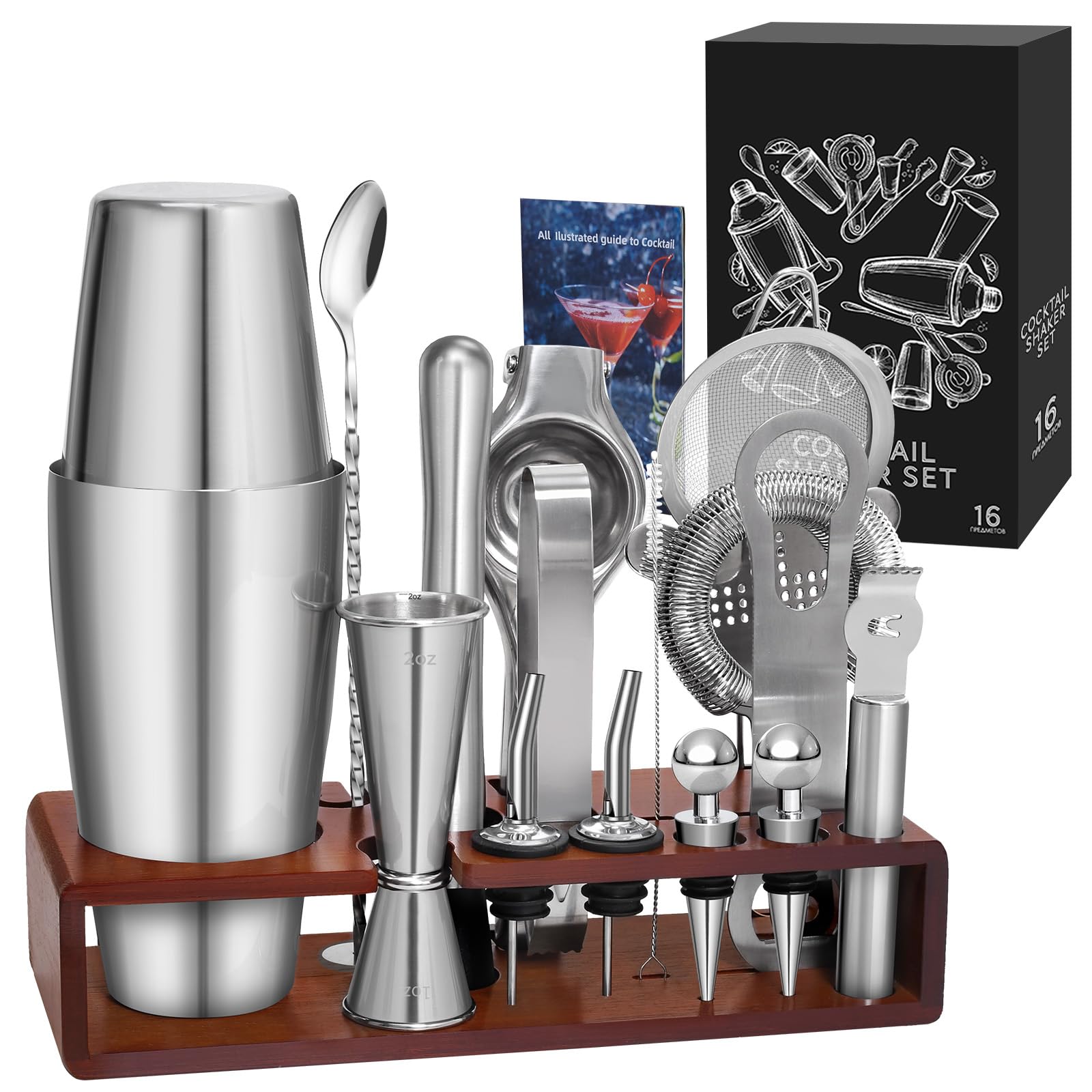 Set Cocktail Barman Professionale - Shaker Boston In Acciaio, Strainer, Jigger, Cucchiaio, Stand - Foto 3