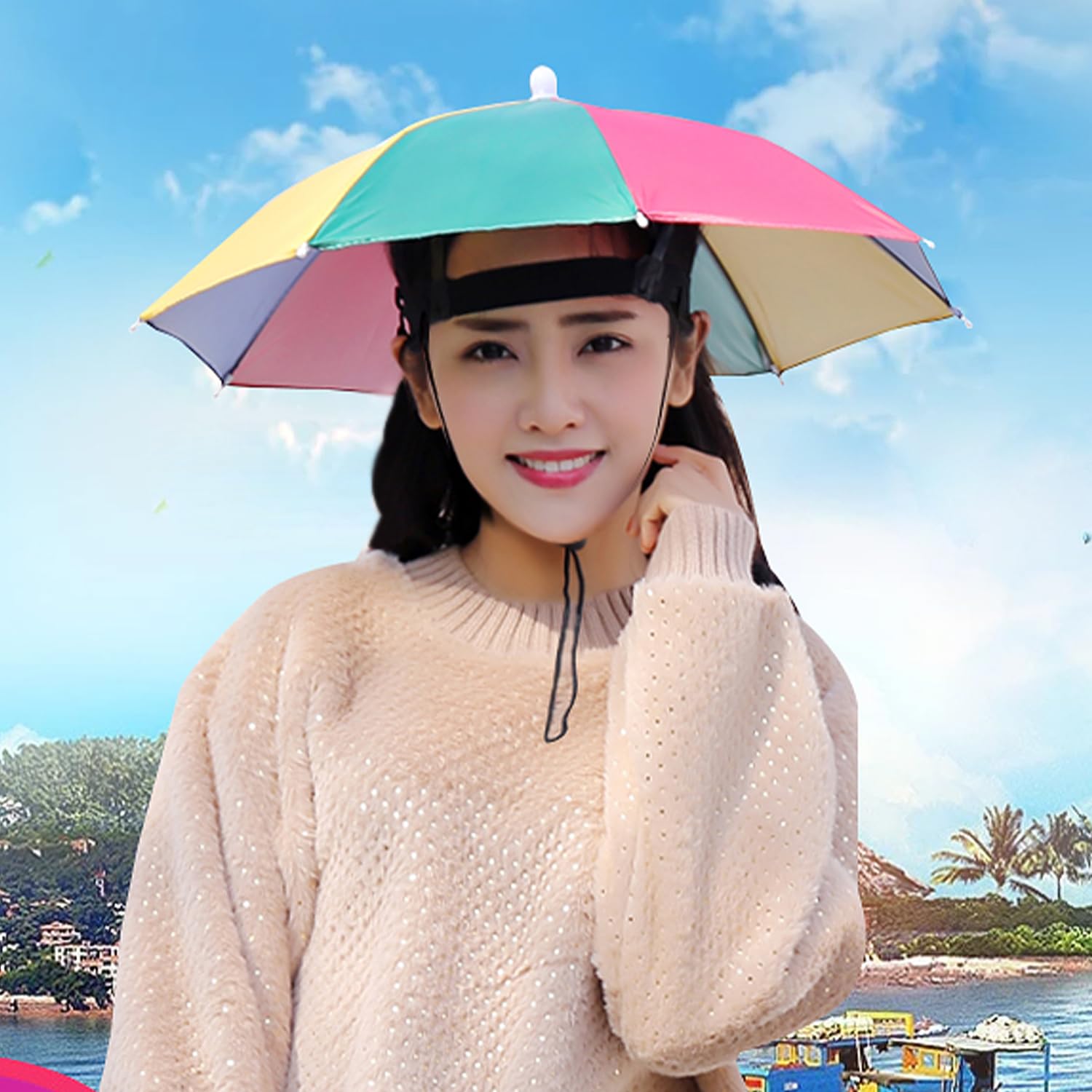 MEMOFYND 1 ombrello da pesca arcobaleno, pieghevole con fascia elastica regolabile, protezione solare e pioggia, UV 360°, scelta perfetta per spiaggia e attività all'aperto
