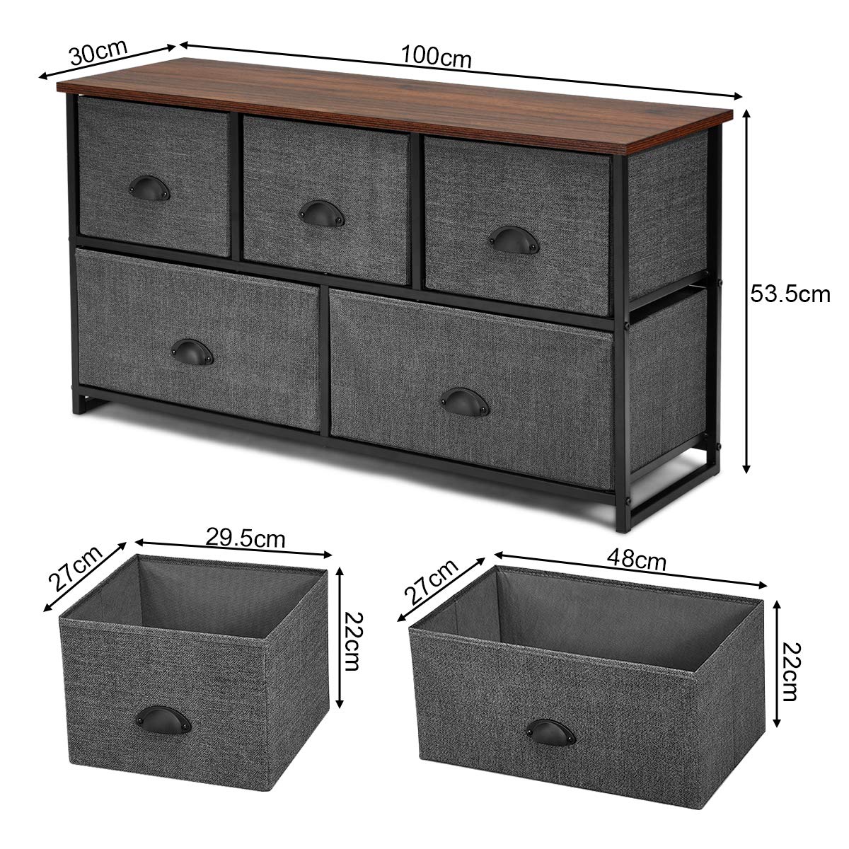 COSTWAY Commode met 5 laden, moderne multifunctionele kast met metalen glijrails, sideboard voor slaapkamer, woonkamer en hal, highboard ruimtebesparend, kast ladekast (bruin