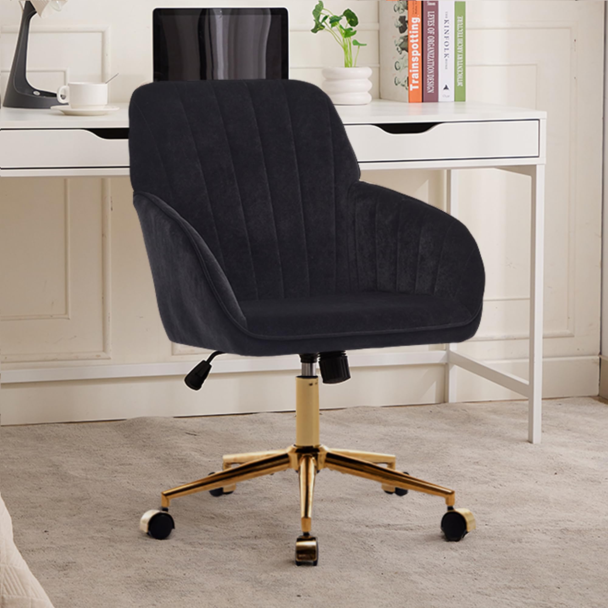 Klwenas Maec Black Velvet Desk Chair for Home Office, Modern Adjustable Computer Task Chair Swivel Chair Cute Vanity Chairs with Arm Rest for Bedroom