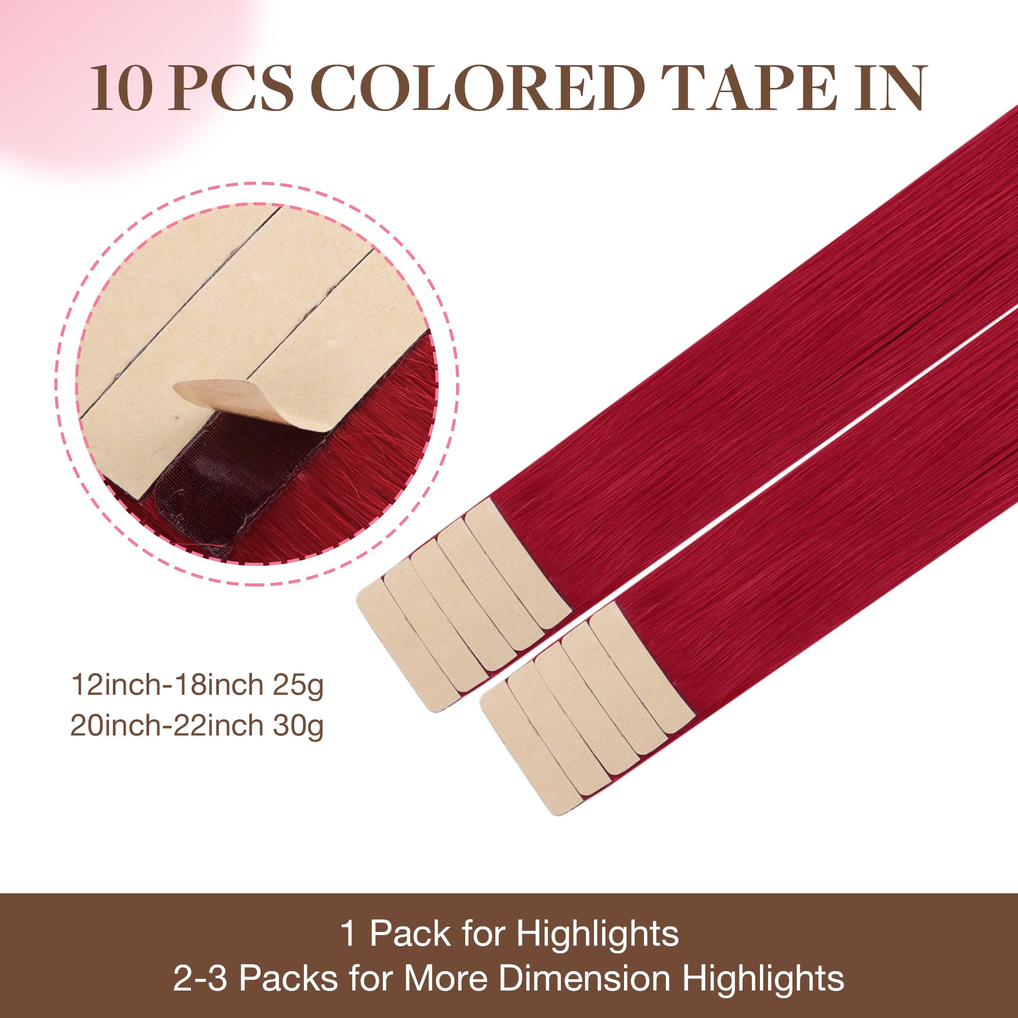 GOO GOO Tape in Hair Extensions Human Hair, Red 10pcs 25g 16inch, Colored Tape ins Human Hair Extensions - Image 3
