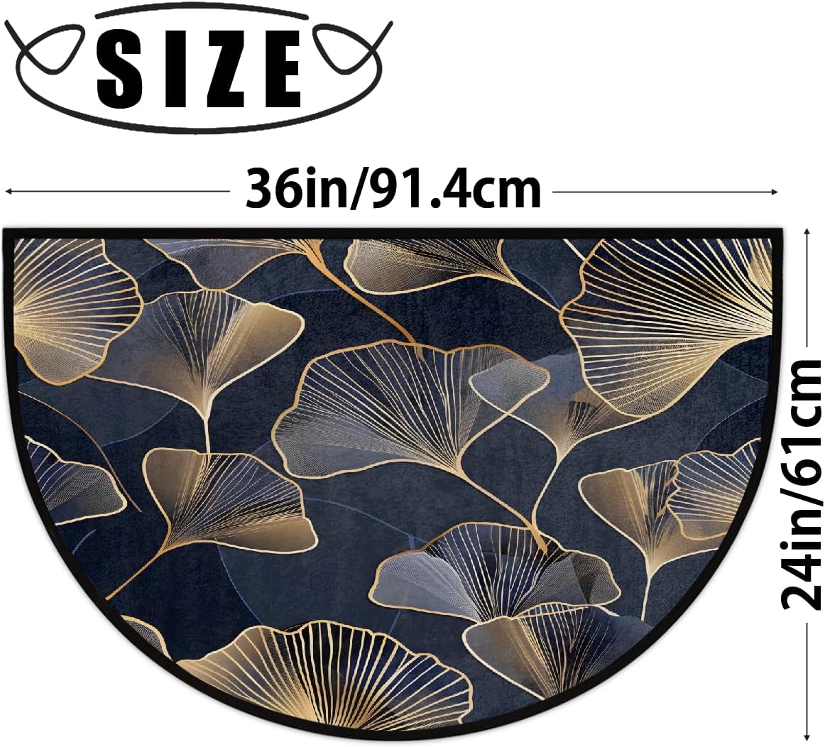 Half Round Door Mat Gold Ginkgo Leaf Abstract Half Moon Rug Washable Half Circle Area Rugs Indoor Entrance Non Slip Semi Circle Bathroom Rugs Floor Carpet for Kithen Bedroom Fireplace Decor