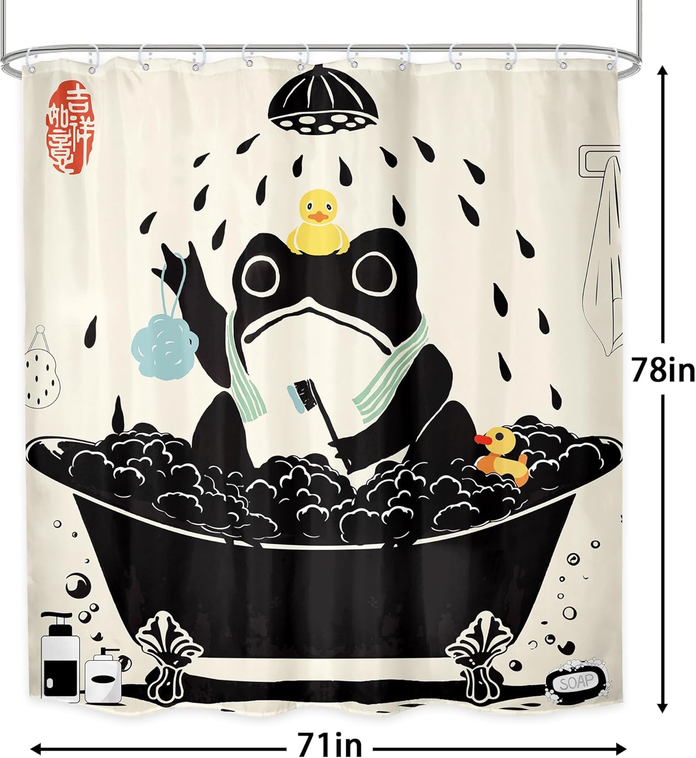 LGhtyro Funny Frog Shower Curtain Bathroom Set 71Wx78H Inches Beige Asian Style Traditional Japanese Art Cute Animal Taking Shower in Bathtub Bath Accessories Duck Art Home Decor Fabric 12 Pack Hooks