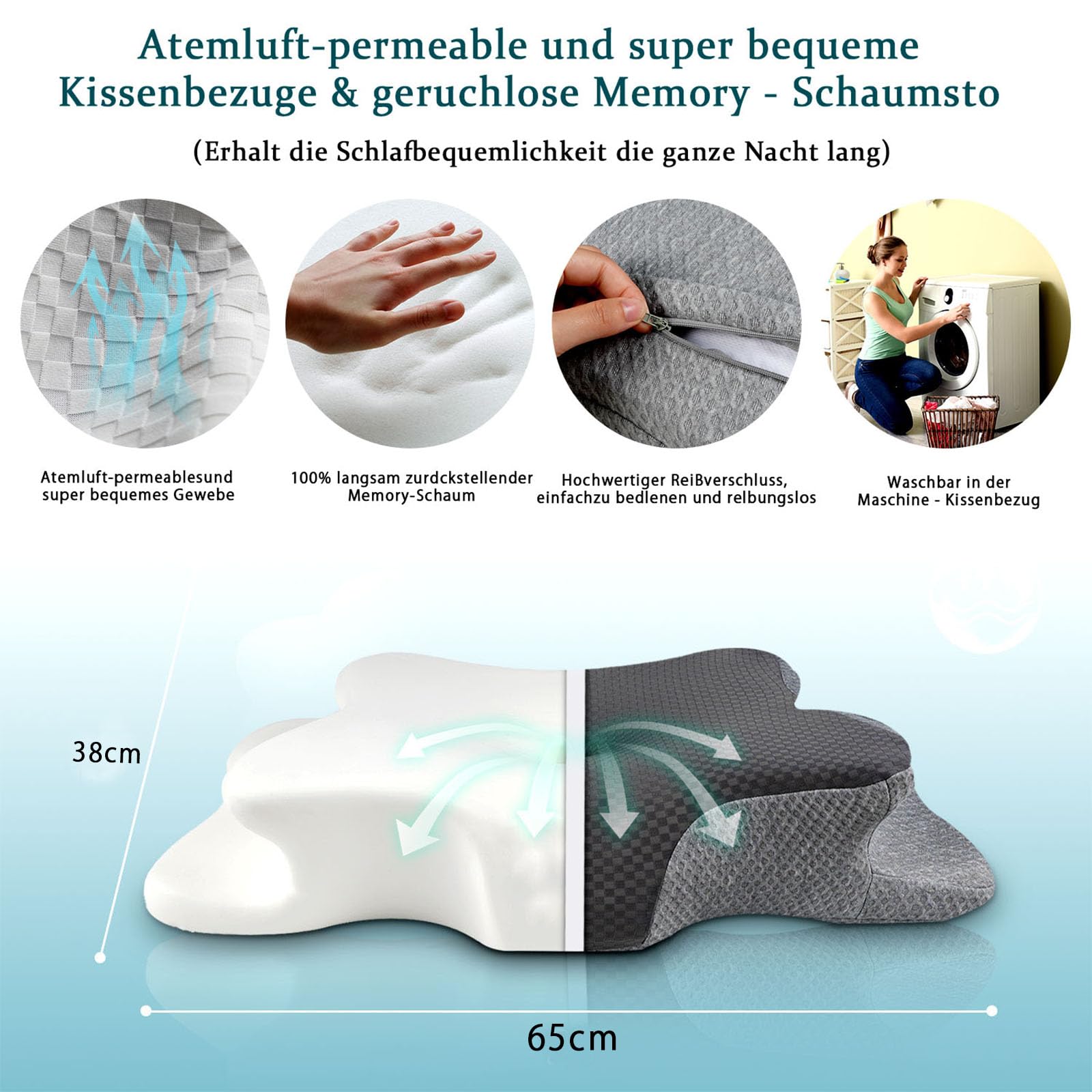 CHxxy Kissen, höhenverstellbar, hochwertiges ergonomisches Memoryschaum-Nackenkissen, Schmetterlingskissen für Rücken-, Seiten- und Bauchschlaf, kühlende maschinenwaschbare Kissenhülle,Vollgrau