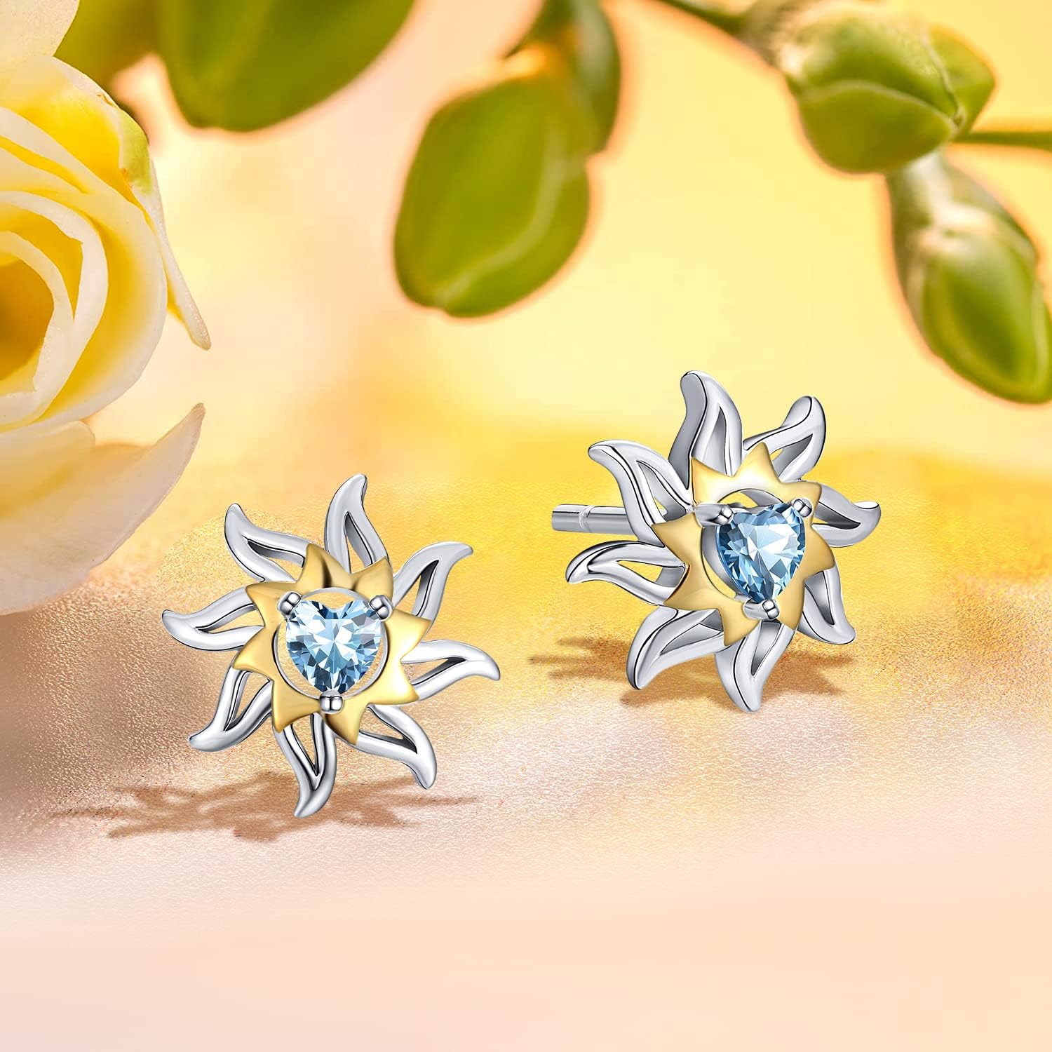 925 Sterling Silver Stud Earring, Heart Birthstone Earrings Hypoallergenic Sun Earrings for or Women