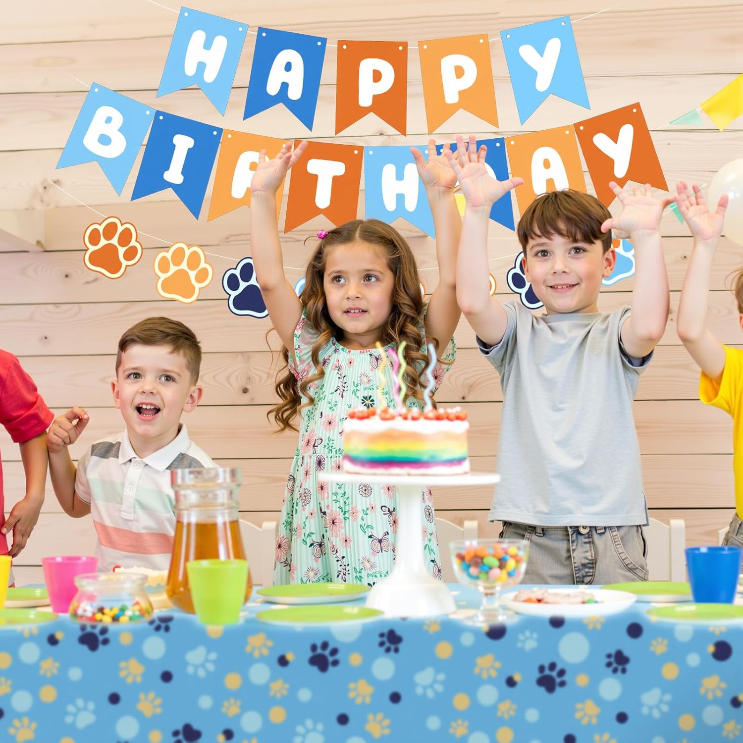 Breling Blue and Orange Party Decorations, Include Dog Paw Print Plastic Tablecloth 54 x 108 Inch, Blue and Orange Birthday Banners, Dog Paw Birthday Banner Decoration for Puppy Themed Party Supplies