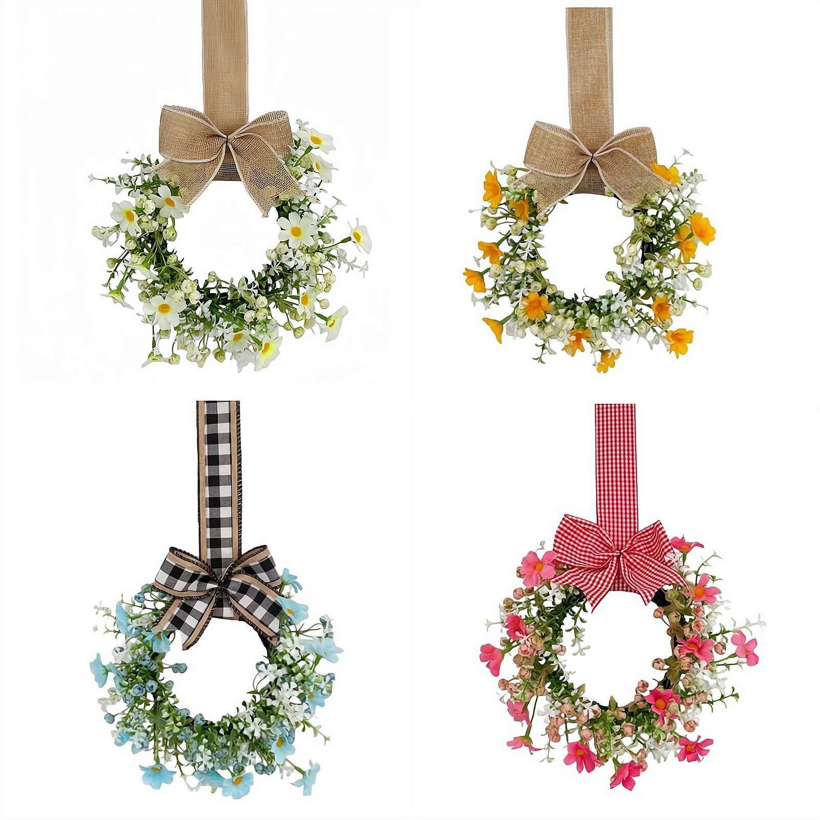 9" Artificial Floral Wreath with Bow – Faux Flower Door Wreath for Front Door, Wall, Window, Spring Easter Home Decor (White/Blue/Pink/Yellow, 1 or 4-Pack)