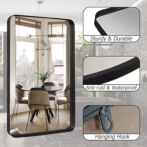 Miniatura 2 de Espejo de pared rectangular de 26 x 32 pulgadas, espejo con marco de metal negro, diseño moderno para baño, entrada y sala de estar, se cuelga