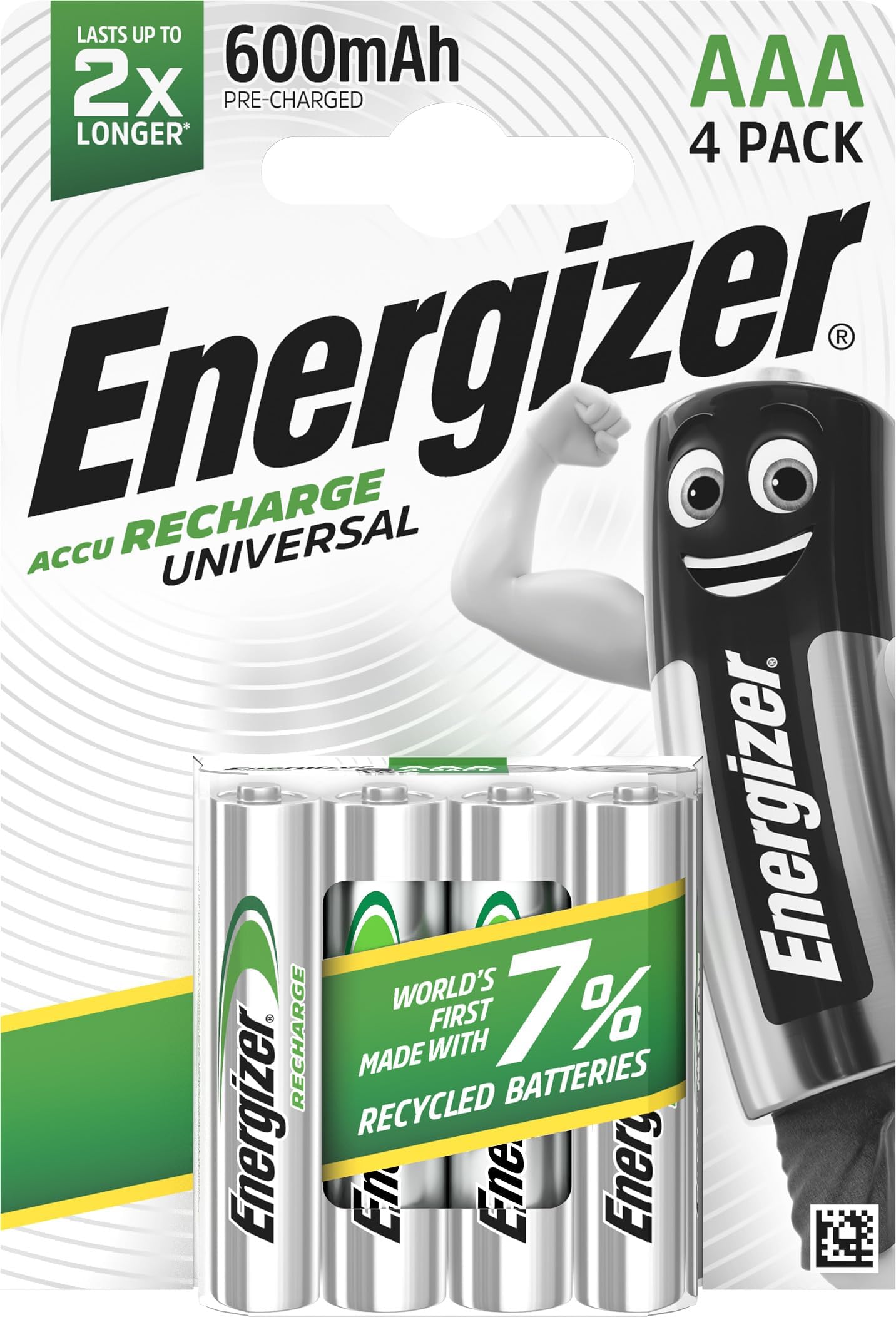 Energizer Recharge Universal - Rechargeable Batteries AAA (4 Pack) - 500 mAh NiMH Triple A Battery - 100% Recyclable Plastic Free Packaging