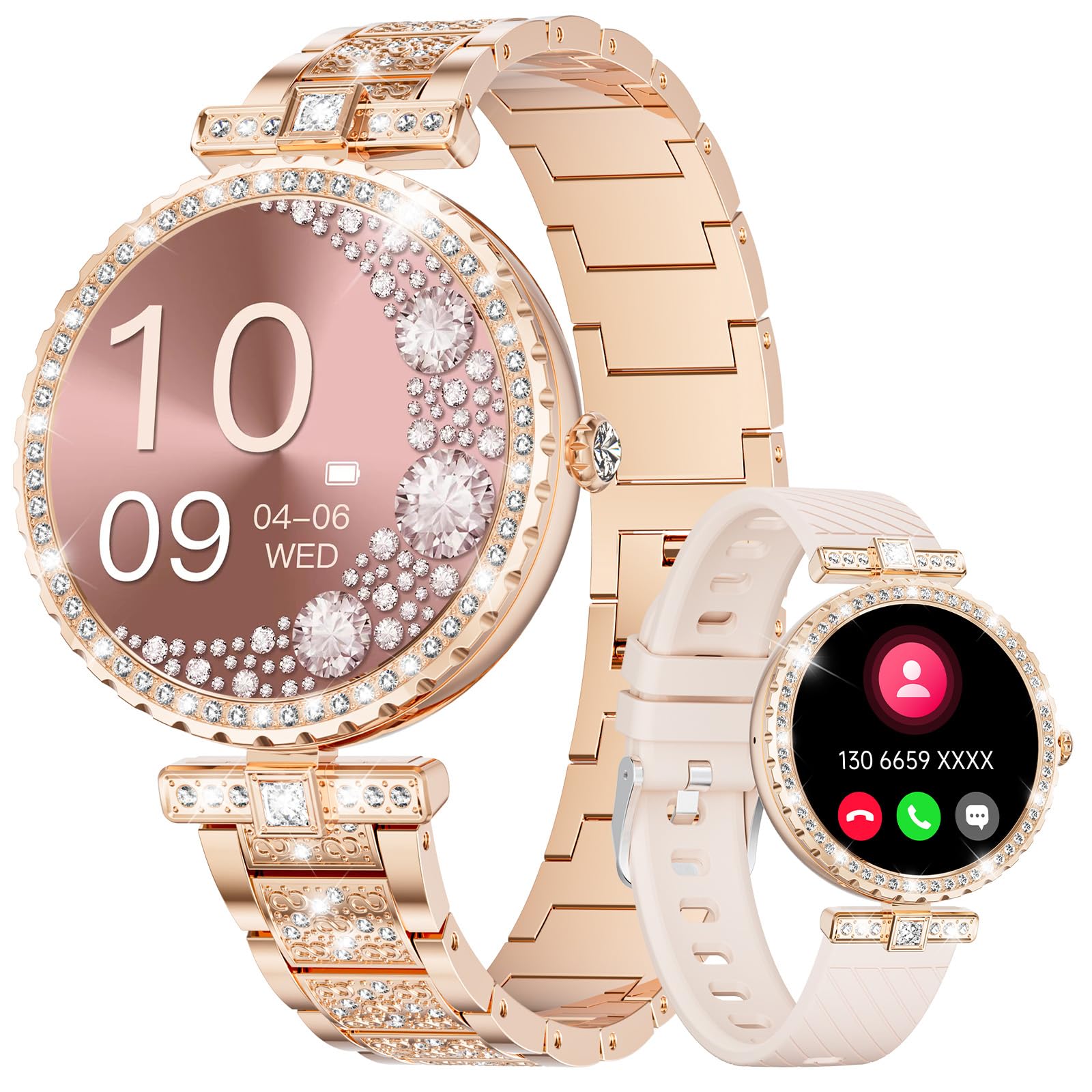 SUNKTA Reloj Inteligente Mujer con Llamadas, 1.19" Diamante AMOLED Smartwatch, Función Femenina/24H Pulsometro/SpO2/Monitor de Sueño/100+ Modos Deportivos Calorías Android iOS Rosa Oro, Regalo Mujer