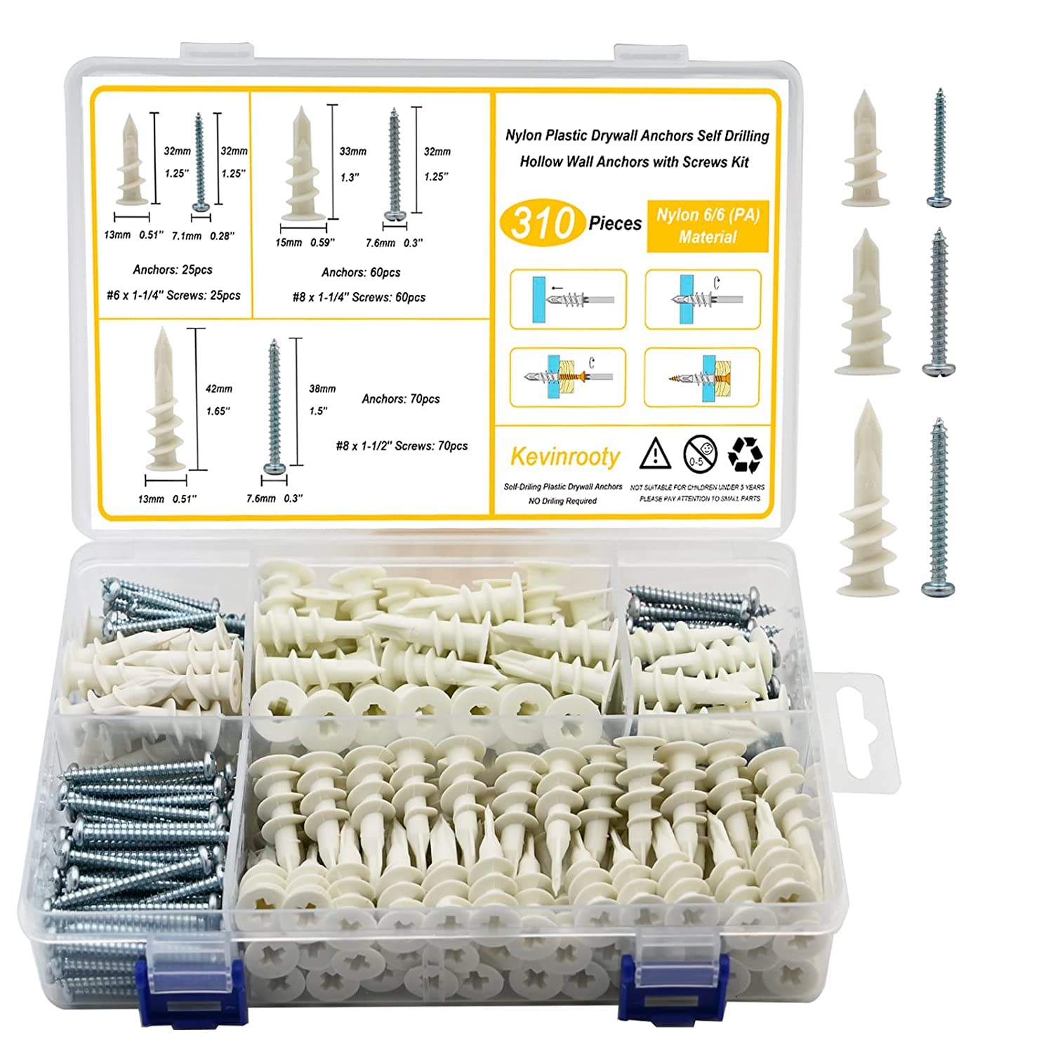 310 Pcs Self Drilling Drywall Anchors and Screws Kit, Wall Anchors and Screws for Drywall, Nylon