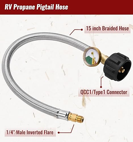 Miniatura 2 de Mangueras de propano RV de 15 pulgadas con calibre, macho invertido de 14 pulgadas, coleta de propano trenzada de acero inoxidable para regulador de