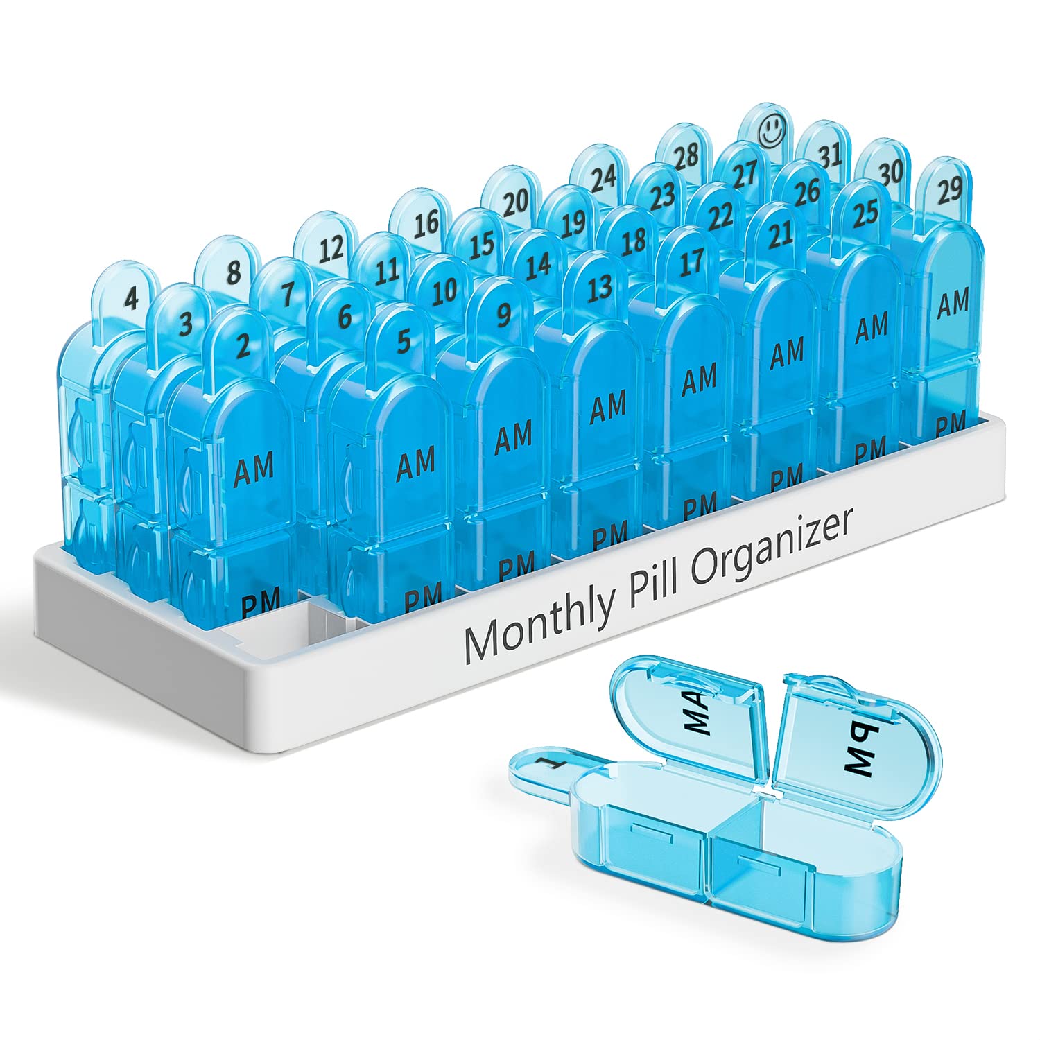 Monthly Pill Box Organiser 2 Times A Day Am Pm, Medicine Box with 32 Compartments to Hold Vitamin Pills, Tablet Box with Easy Open Design for Children Elder and Arthritic Hands - Blue