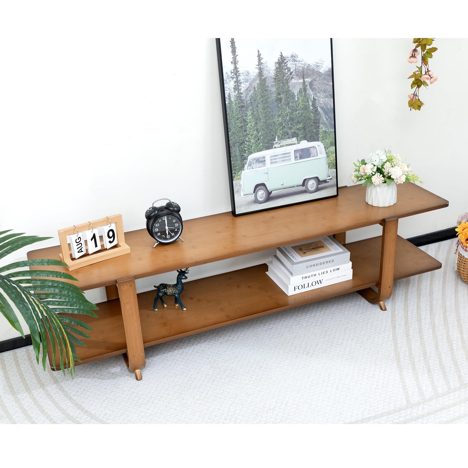 HollyHOME Mueble TV 140cm Mesa TV Salon Muebles de Salon 2 Niveles, Mueble TV Bambú Soporte para Centro de Entretenimiento, Natural-B
