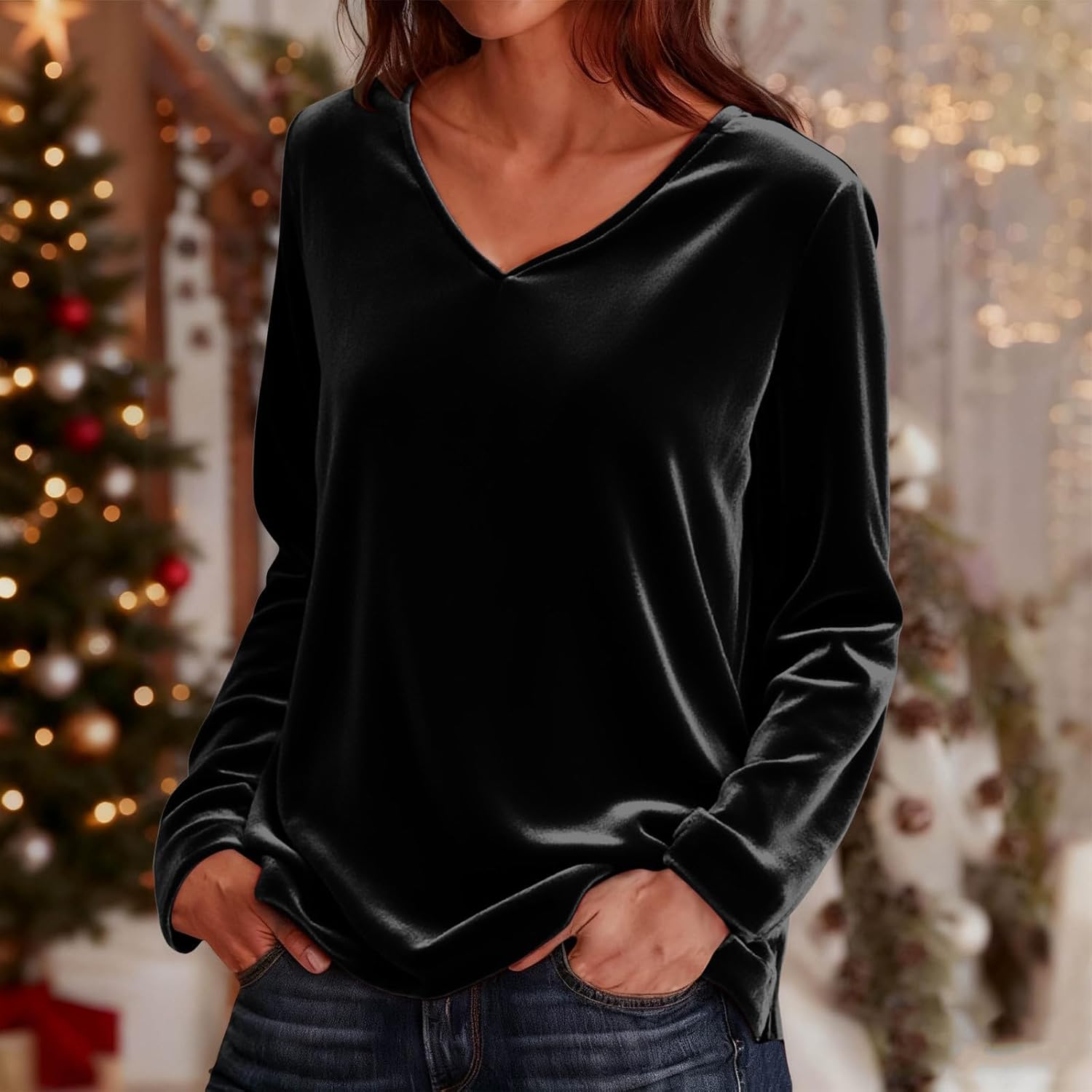 Womens Velvet Tops V Neck Long Sleeve Tunic Shirts Dressy Casual Loose Blouses Cocktail Evening Party Outfits - Image 2