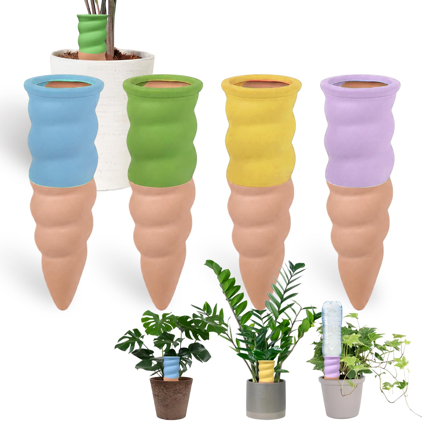 MKNZOME Automatic Plant Waterer, 4 Pack Terracotta Self Watering Plant Spikes Plant Watering Devices for Wine Bottles Vacation Clay Plant Garden Watering Stakes for Indoor & Outdoor Plants