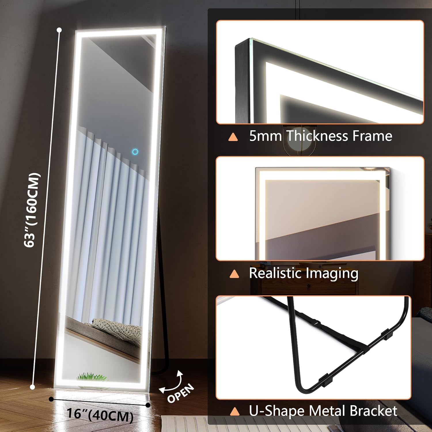 LVSOMT Stand Up Full Length Mirror with LED Lights, Free Standing Floor Mirror, Full Body Lighted Mirror, Wall Mounted Hanging Mirror w/Dimming & 3 Color Lighting for Bedroom (63"x16", Black) : Home & Kitchen