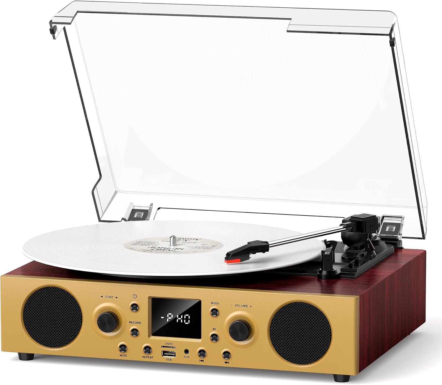 Retro Vinyl Record Player Turntable with Bluetooth Receiver, Built-in Stereo Speakers, 3-Speed 33/45/78 RPM Record Player with LCD Display, Red Burl Wood & Bronze Finish