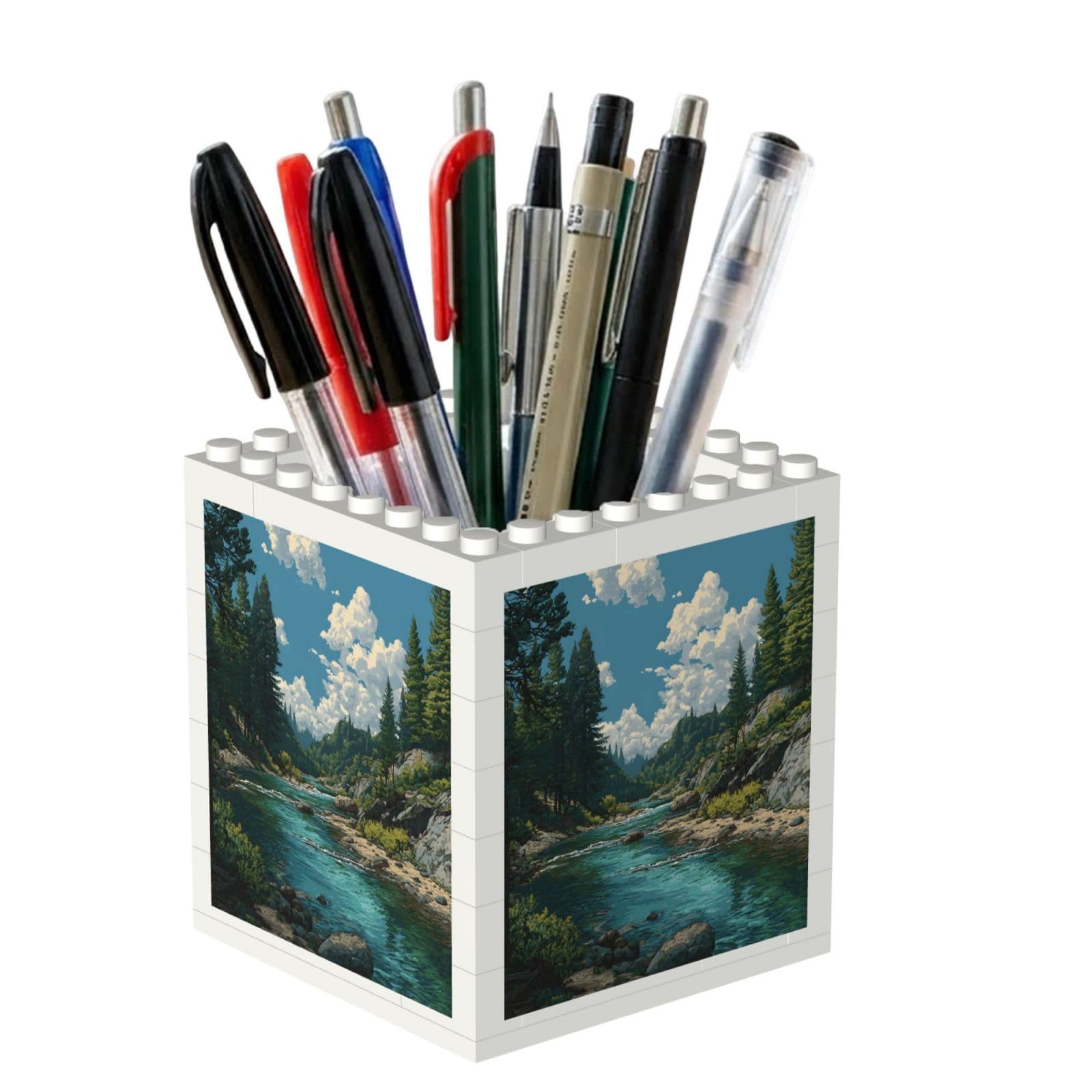 ESNAIUVCD River Print Building Block Pen Holder - Pencil Holder For Desk/Classroom,Desk Accessories, Multifunctional Office Supplies Pen Organizer Pencil Cups(2pcs)