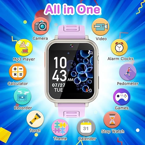 Miniatura 9 de Relojes inteligentes para niños con pantalla táctil HD para niños con 24 juegos de rompecabezas, cámara, reproductor de música, linterna, tarjetas