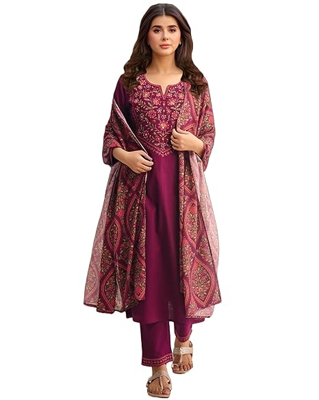 GoSriKi Women's Rayon Viscose Embroidered Straight Kurta with Pant & Dupatta