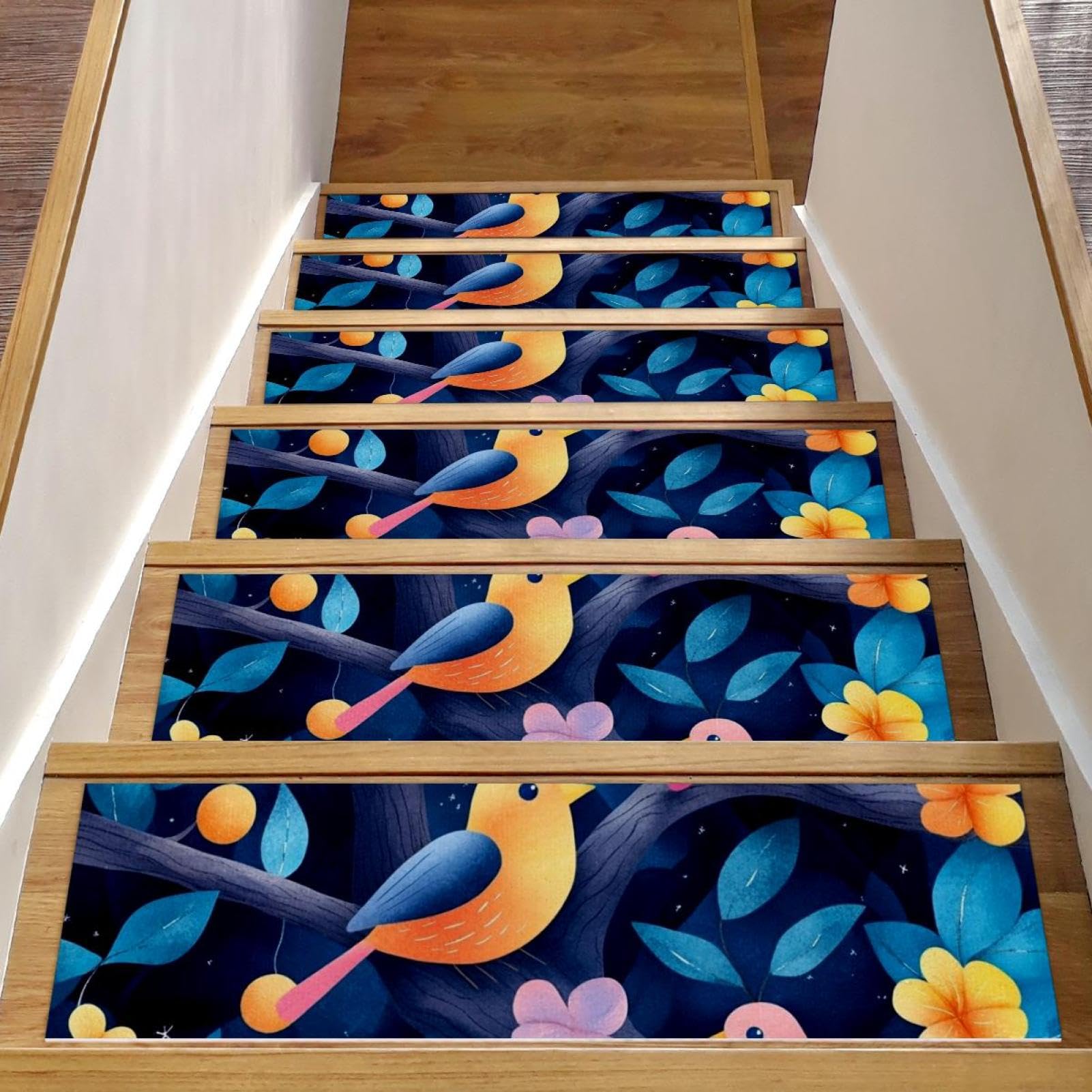 Tapis d'escalier antidérapants x15 en bois motif fleurs et oiseaux pour chien