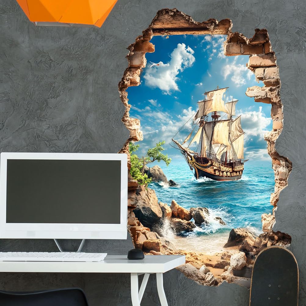 Adesivi Murali 3D Muro Rotto Barca A Vela Onda del Mare Carta da Parati Autoadesiva Rimovibile Impermeabile per Bagno Camera Decorazione