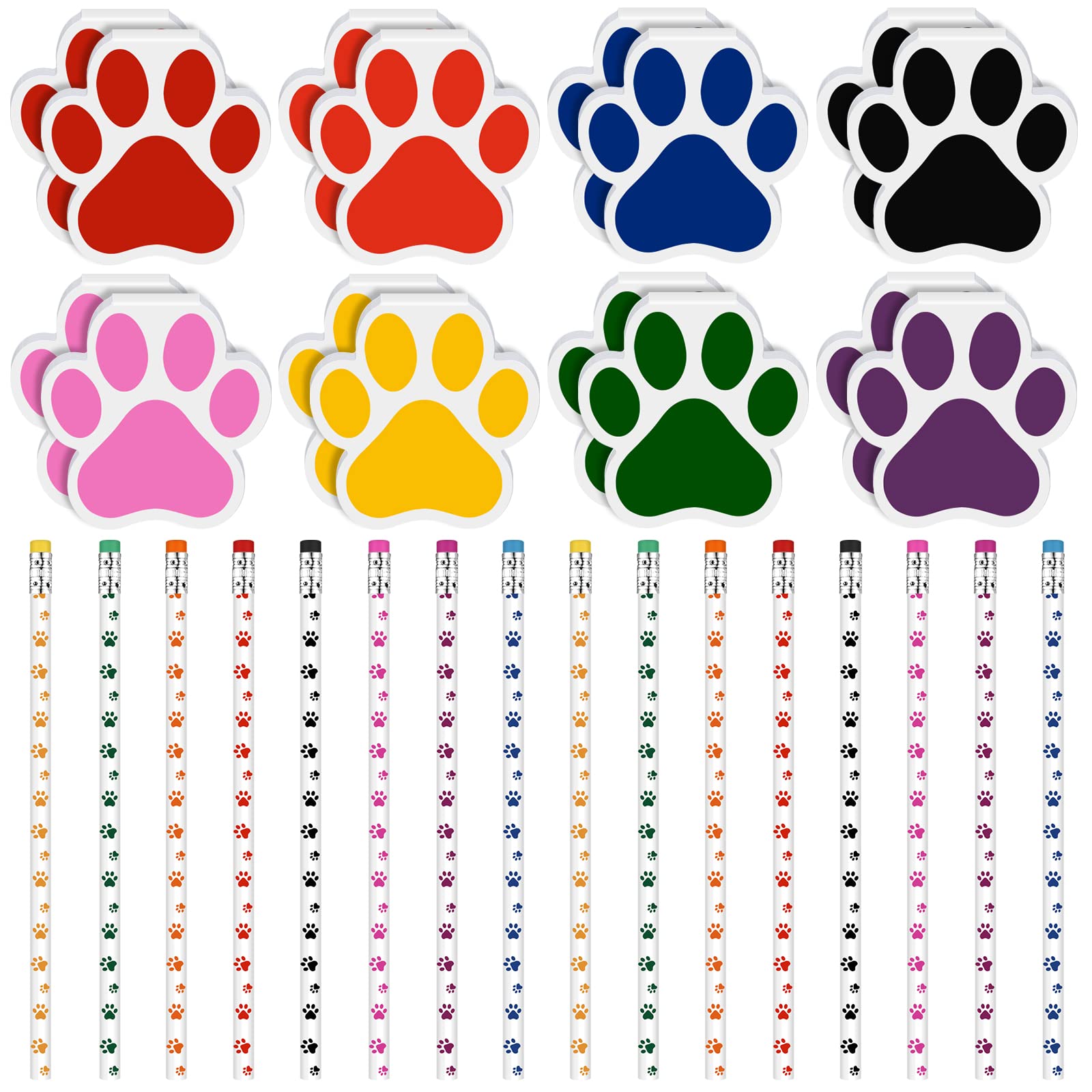 Weecent 32 Pcs Party Favors Kids Stationery Include 8 Colors Paw Print Pencil and Notpads Colorful Wooden Writing Pencils and Small Notebooks for