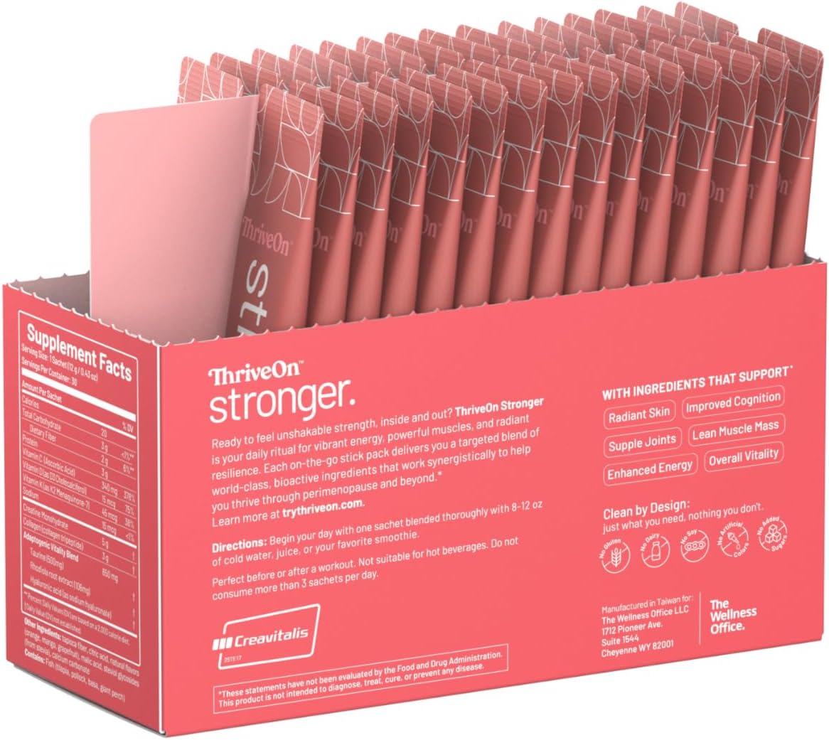 ThriveOn Stronger - Women's Creatine & Collagen Supplement for Midlife Support - Bone, Muscle, Cognitive & Energy Support* - Gluten-Free & Dairy-Free - Orange-Mango Flavor - 30 Count (30 Servings)