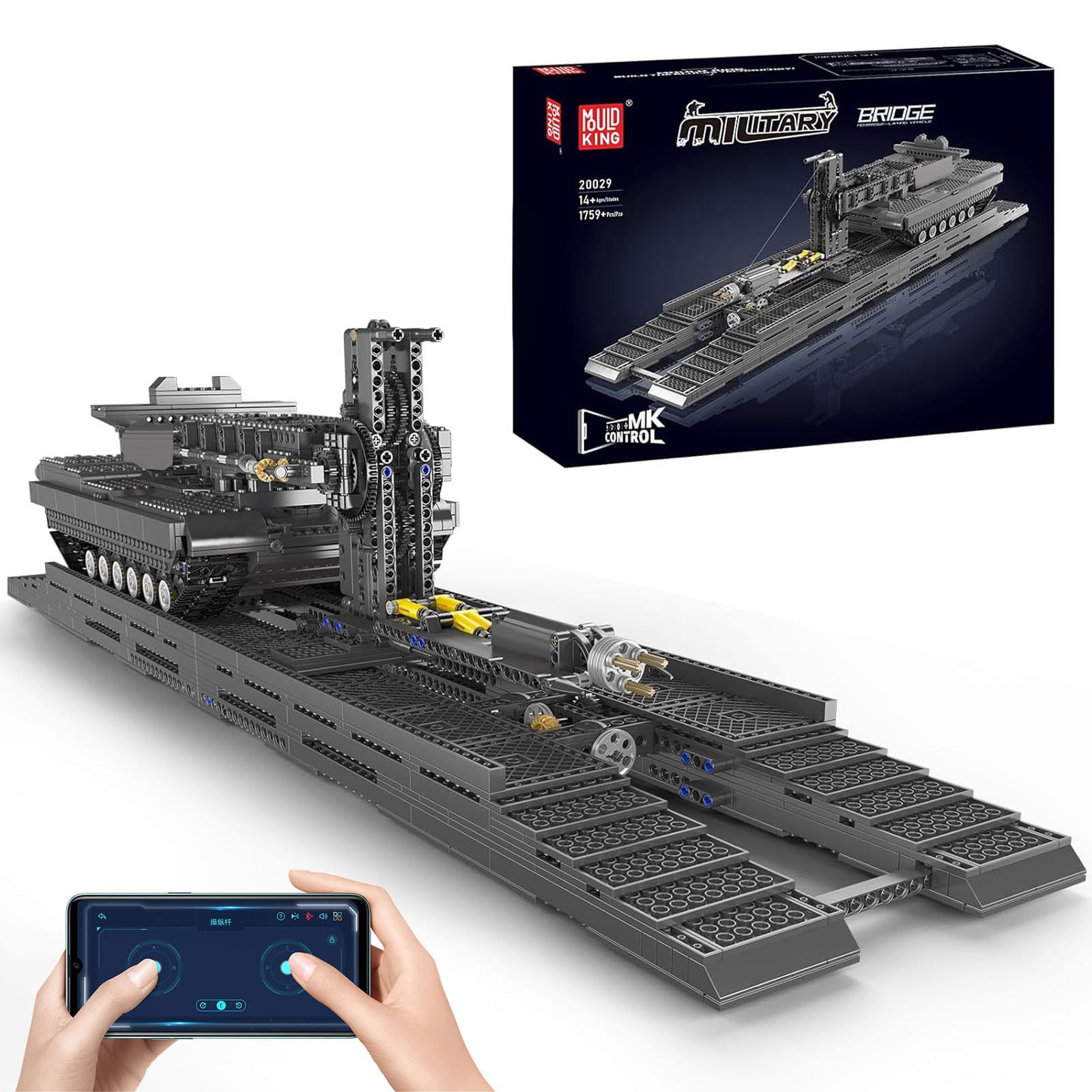 Mould King 20029 Technik Panzerbrückenbaufahrzeug Bausteine Modell, 1759 Teile Ferngesteuert Transporter Tank Konstruktionsspielzeug Klemmbausteine Bausatz für Erwachsene und Kinder