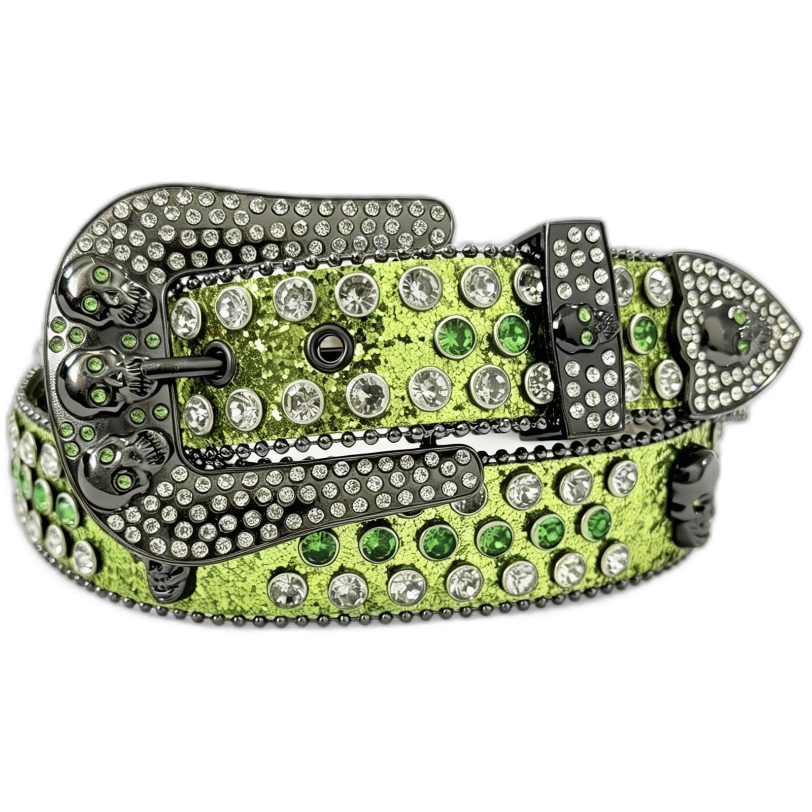 AGUTALITHIC Rhinestones Studded Belt Sparkly Sequin Shine Engraved Skull Head Western Leather Strap with Crystal Prong Buckle(115cm/45, Green 2)