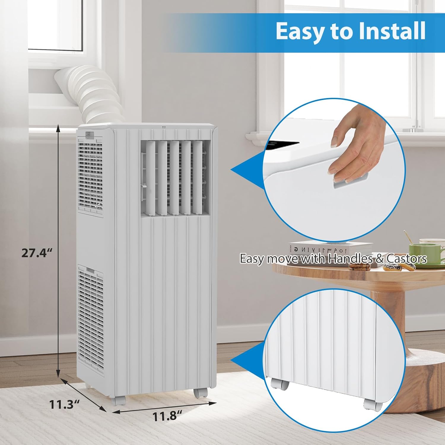 Acekool Portable Air Conditioner with exhaust hose installed in a window, showing dimensions and portability features