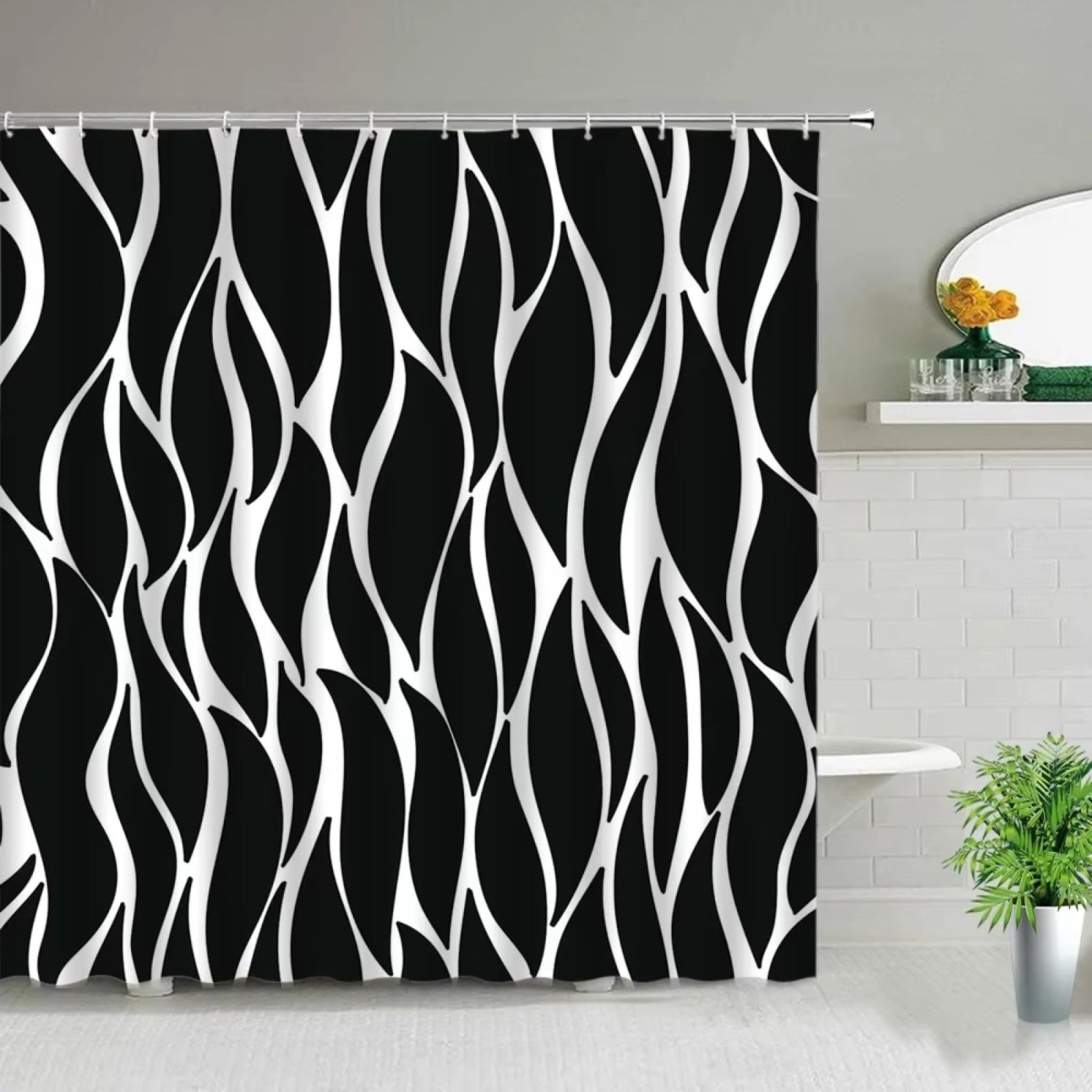 Rideaux de douche à rayures noires et blanches en polyester 175x180cm