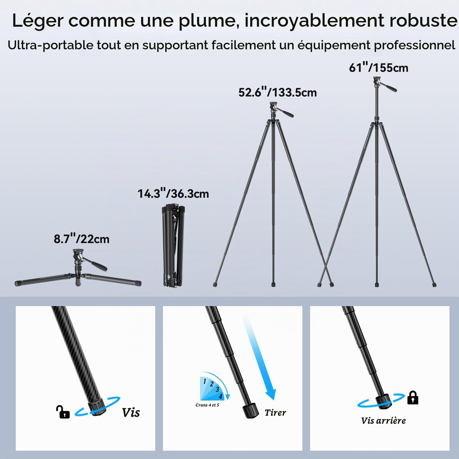 SIRUI Traveler Air Trépied pour appareil photo en carbone avec tête inclinable KV-5, ultra léger de 1,33 kg, hauteur maximale de 152 cm, capacité de charge de 5 kg, trépied de voyage compact pour