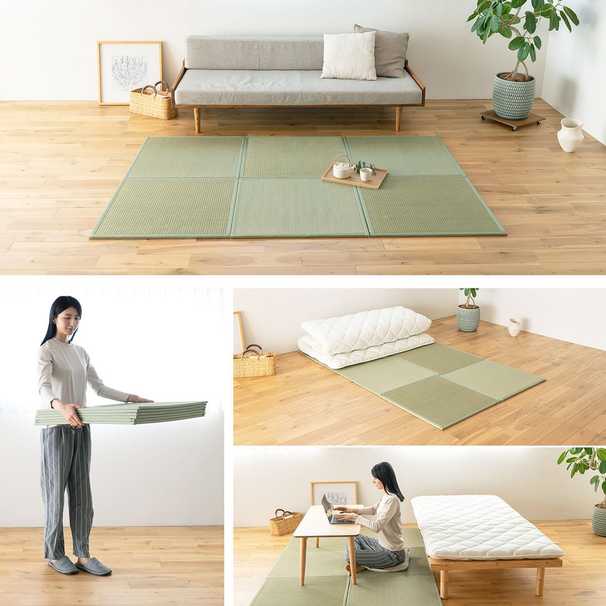 EMOOR Japanische Tatami-Matte 70 x 70cm 4er-Set Natur-Segergras (Ungefärbt), Faltbare Igusa-Matratze Bodenschlaf Japanische Futon-Matratze Meditation Yoga Zen