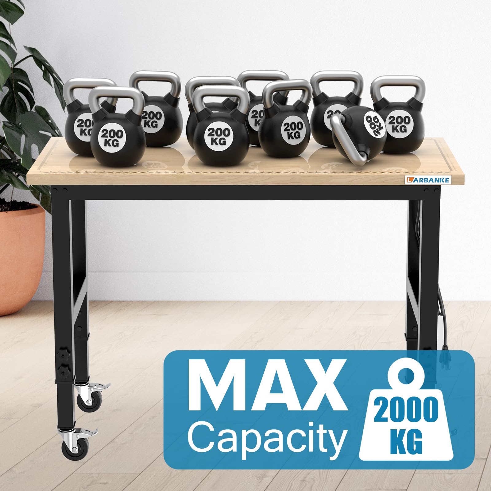 LARBANKE 120CM Verstellbare Werkbank,Werkbank aus Gummibaumholz mit Maßstäben,Höhen von 85-105cm,900KG Belastbarkeit Hartholz Arbeitstisch,Werkbänke mit Rädern und Fußpolster