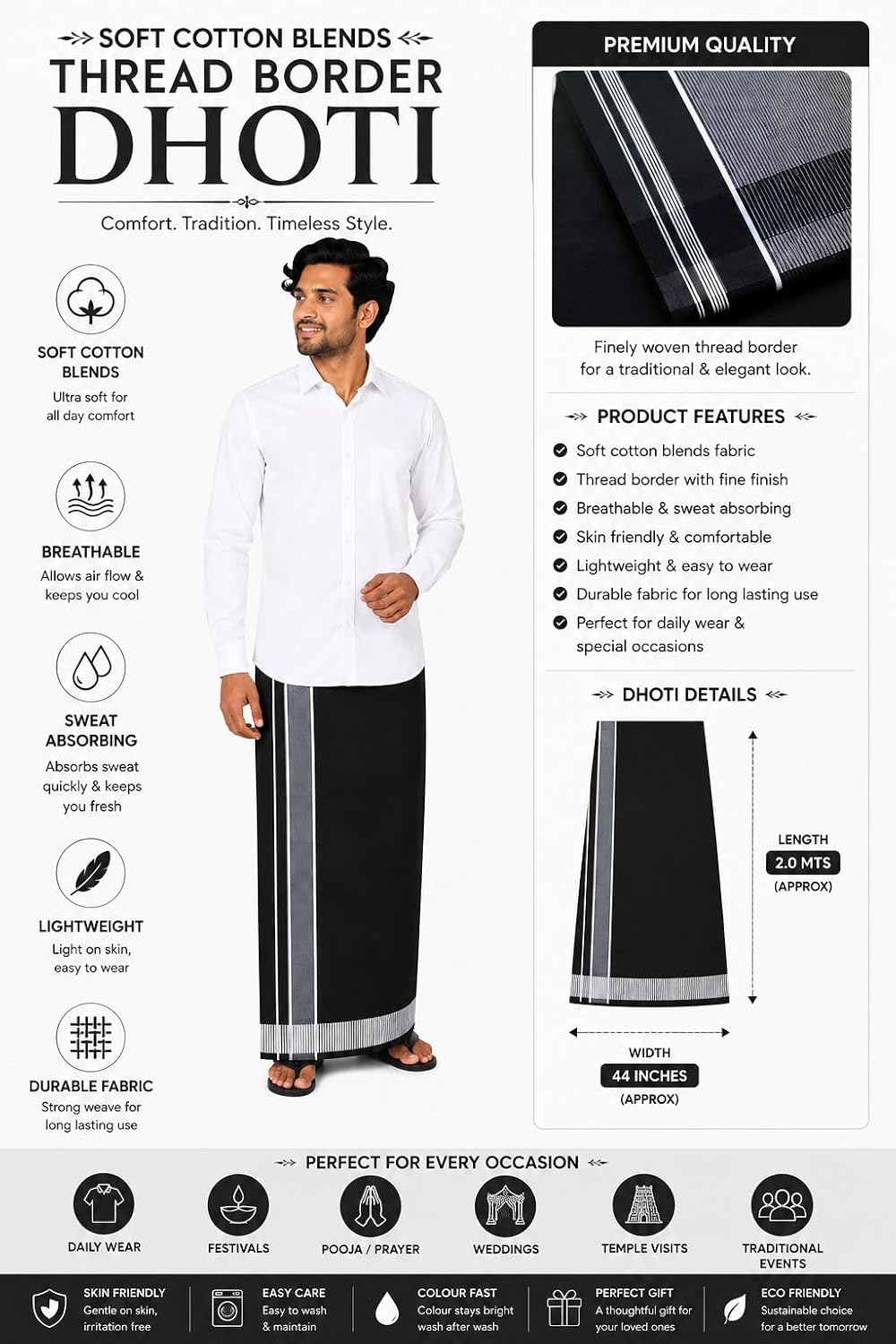 Men's Cotton Color Dhoti with Fancy Border - Kerala-style Veshti Mundu Kaili Lungi 2.0 Mtrs (Black-White Border)