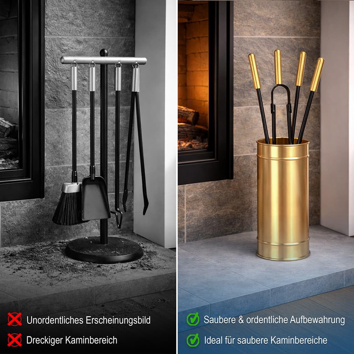 MS Beschläge Kaminbesteck Set 5-teilig Messing – Ofenbesteck modern mit geschlossenem Halter – Kaminzubehör hochwertig Schwarz pulverbeschichtet – Kamingarnitur für Kaminofen und Ofen – Ofenzubehör