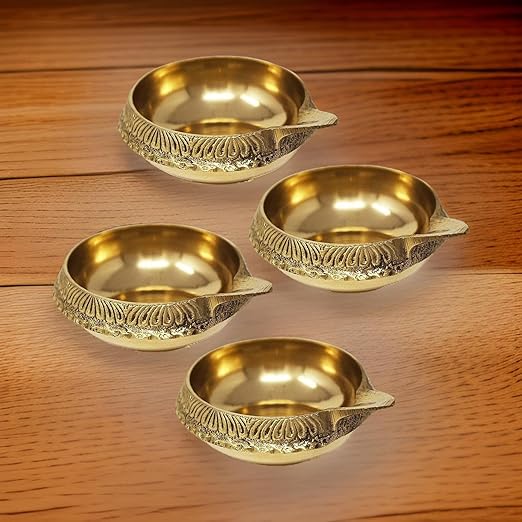 A&S VENTURES Pure Brass Kuber Akhand Diya Deepak Traditional Brass Diya Set for Festive D cor - Handmade Oil Lamps (Set of 4)