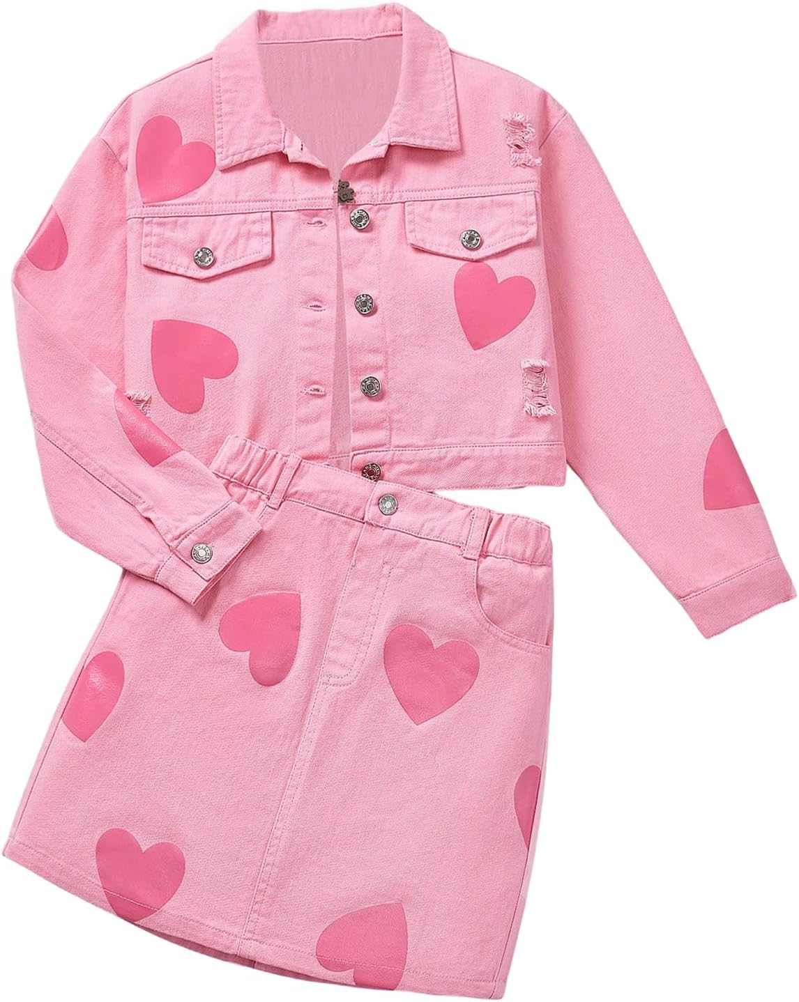 Girl's 2 Piece Denim Clothing Sets Ripped Raw Hem Denim Jacket with Mini Skirts