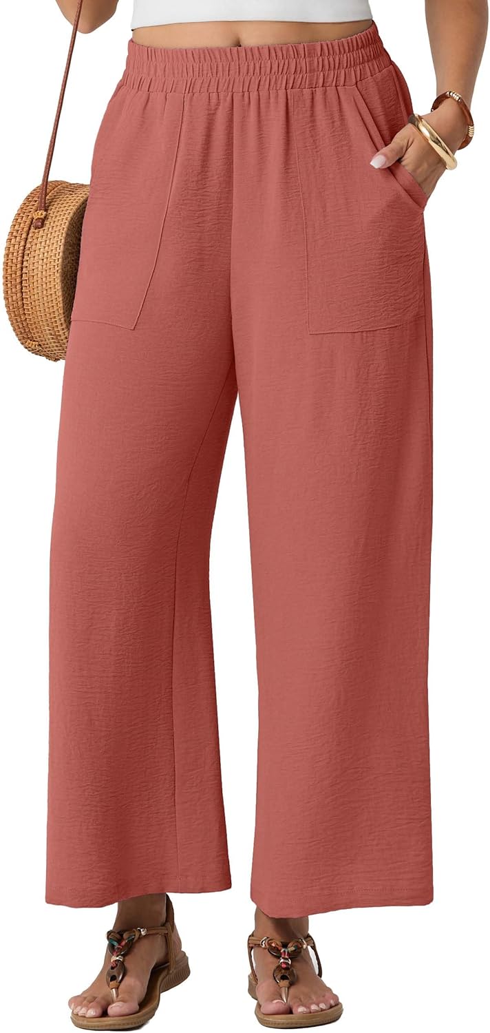 GRECERELLE Women Elastic High Waisted Wide Leg Pants Woman Casual Palazzo Trousers - Image 5