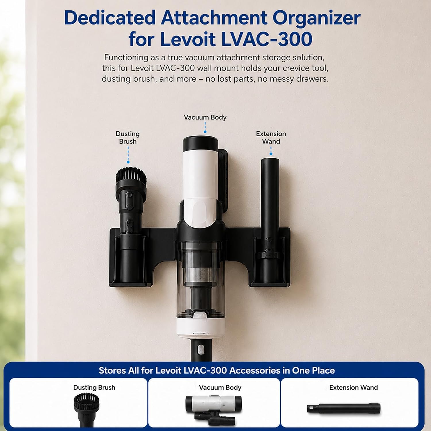 Vacuum Wall Mount Holder for Levoit LVAC-300 Cordless Vacuum, Space-Saving Attachment Organizer for Laundry Room & Closet, Black