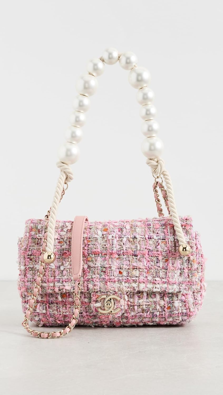 CHANEL What Goes Around Comes Around Women's Pre-Loved Pink Tweed Pearl Strap Flap Bag - Image 2