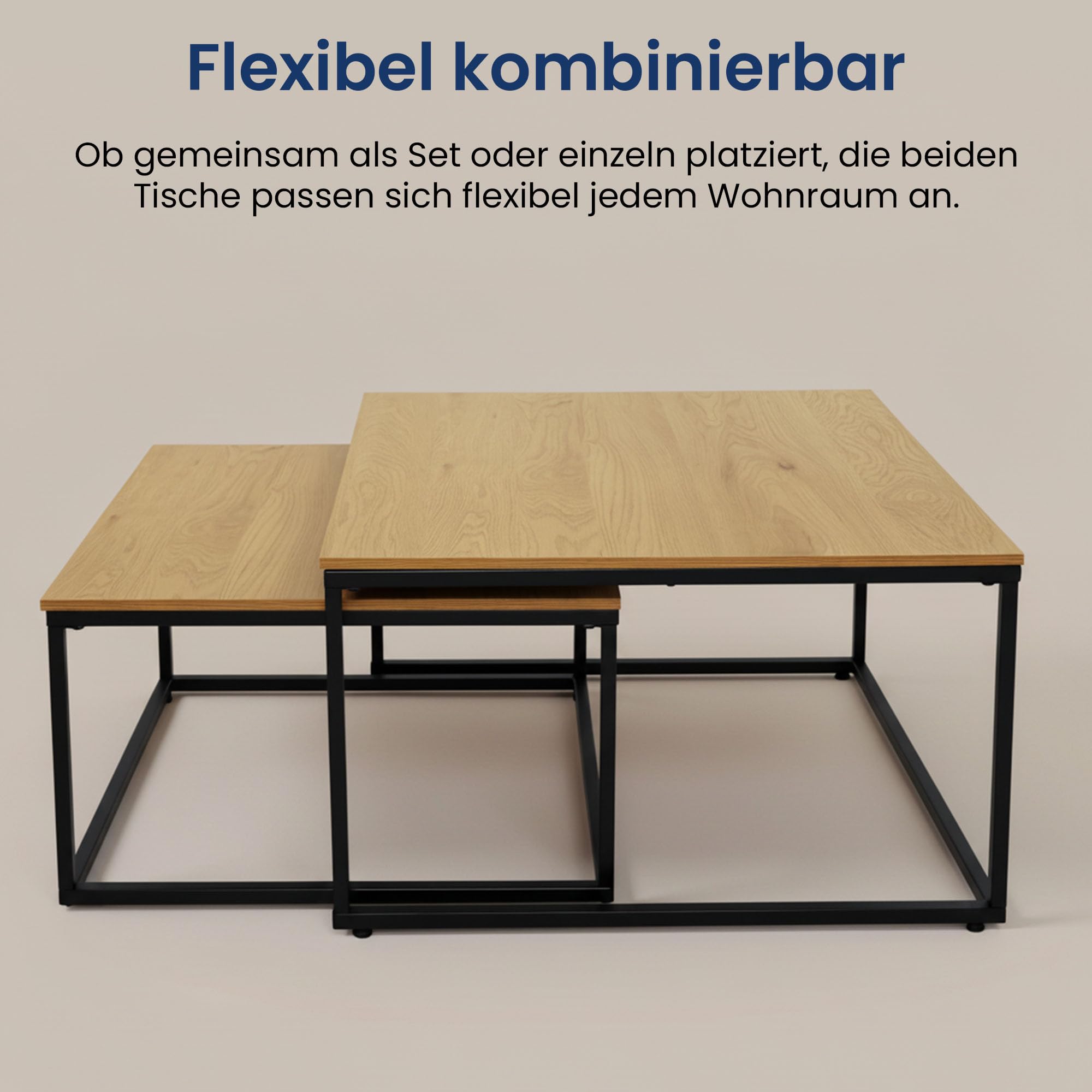 Home Collective Couchtisch 2er Set quadratisch aus Holz, Wohnzimmertisch Modern, Beistelltisch Set 2 in 1 mit Metallgestell für Wohnzimmer Büro Beistelltisch Loft Design Twin | Eiche hell