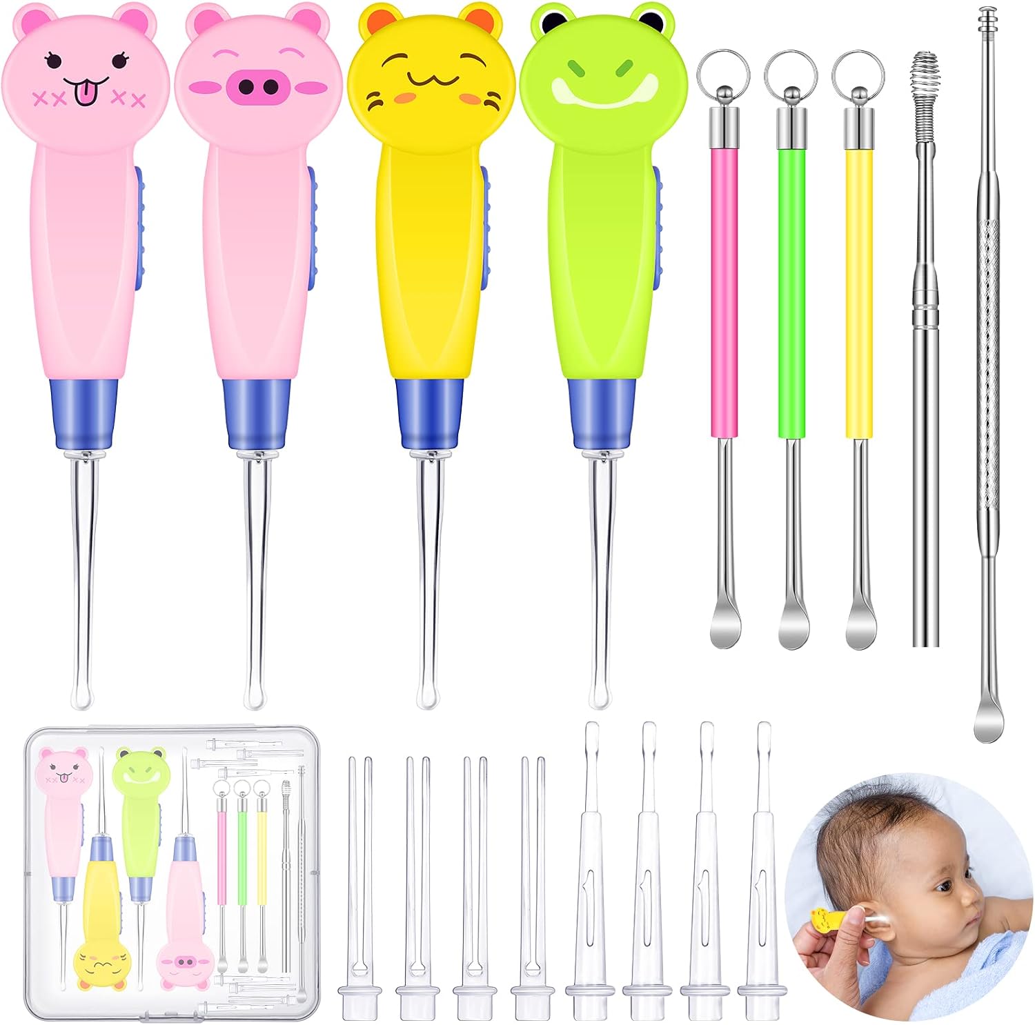 17 Pieces Earwax Remover Tool Cute Kid's LED Earwax Spoon Ear Cleaner with Light Ear Pick Stainless Steel Ear Curette Double End Earwax Spoon Ear Wax Cleaning Tool Removal Kit (Vivid Style)